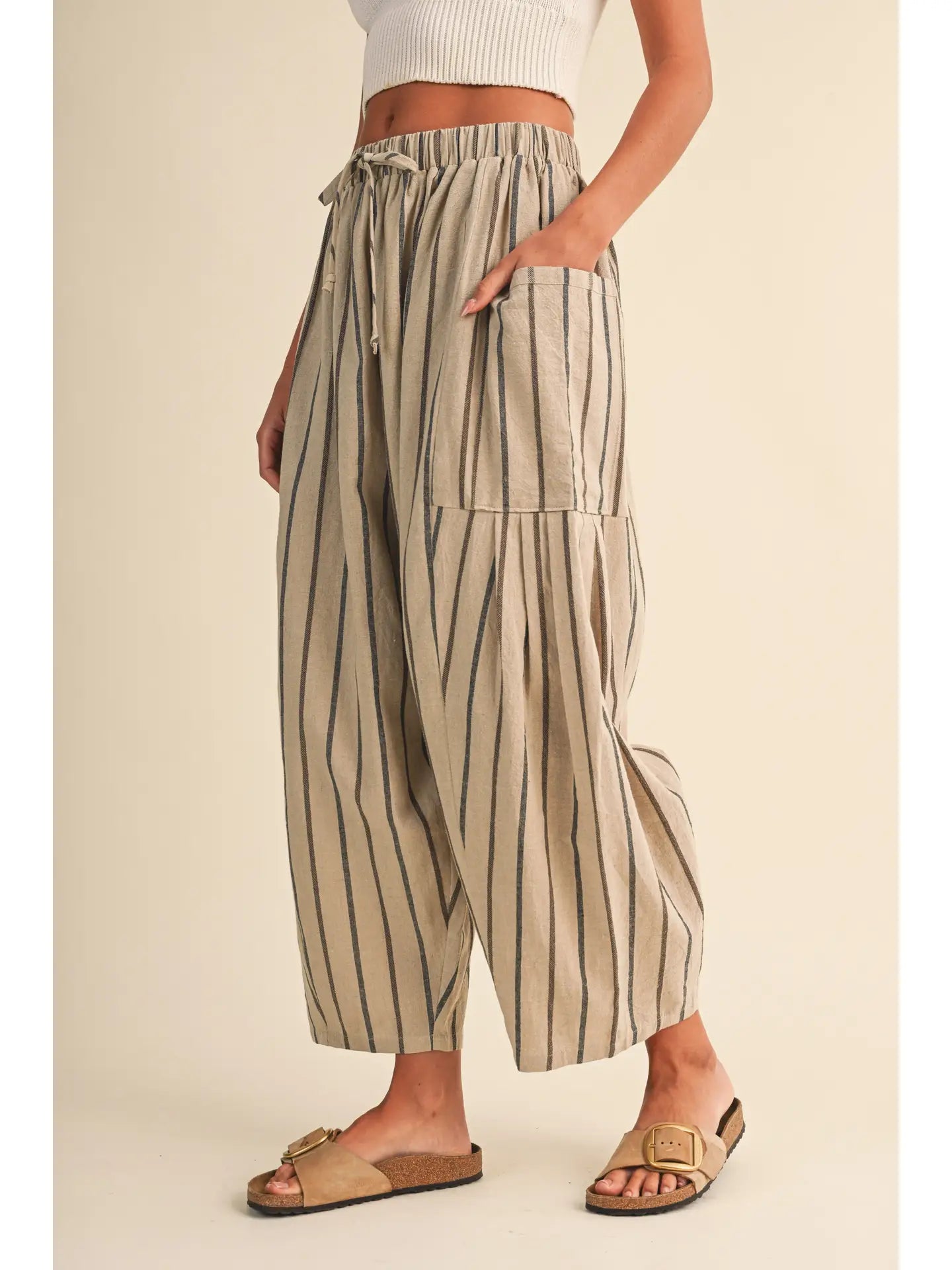 Striped Side Pocket Loose Relaxed Fit Cropped Pants