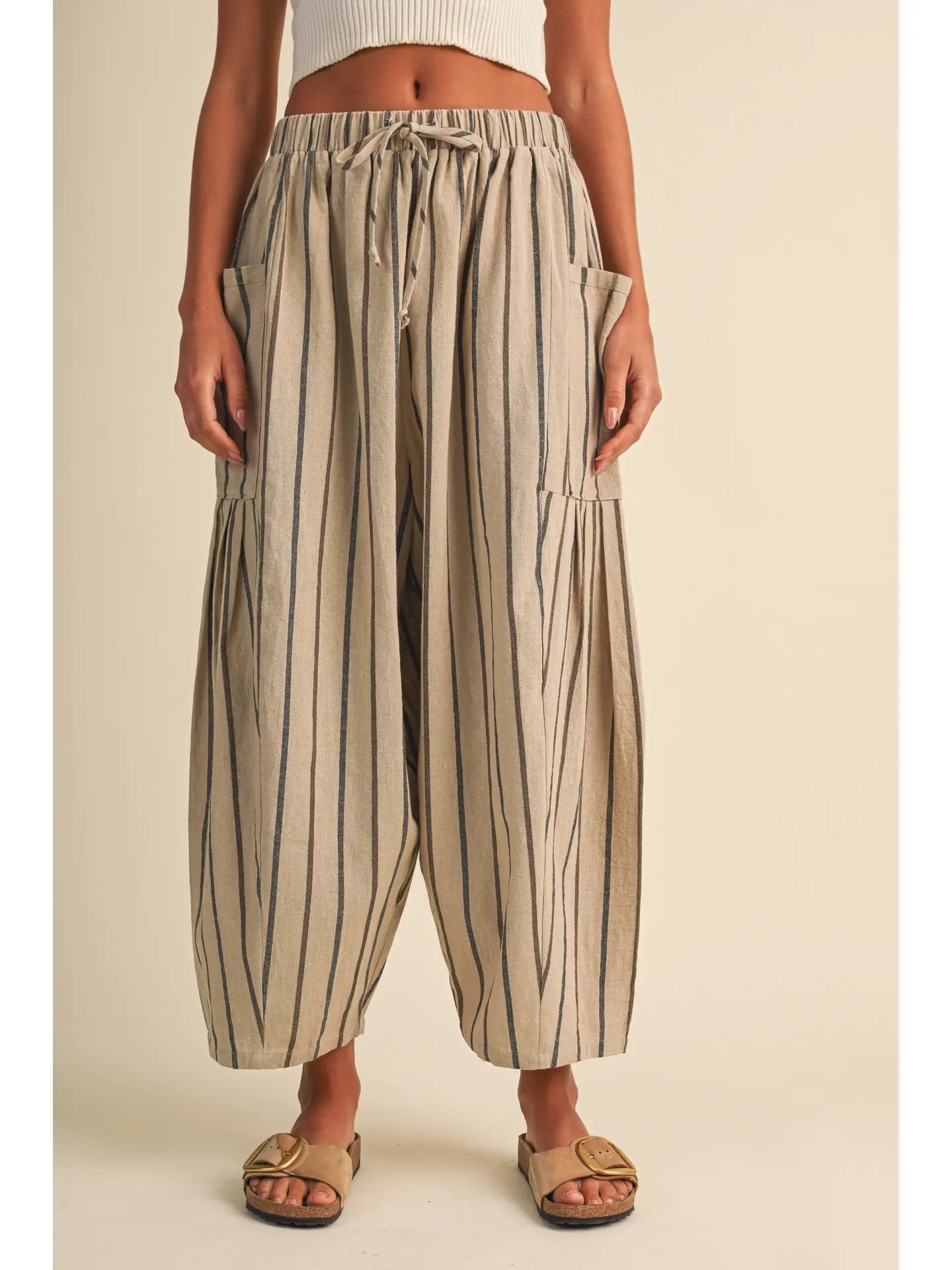 Striped Side Pocket Loose Relaxed Fit Cropped Pants