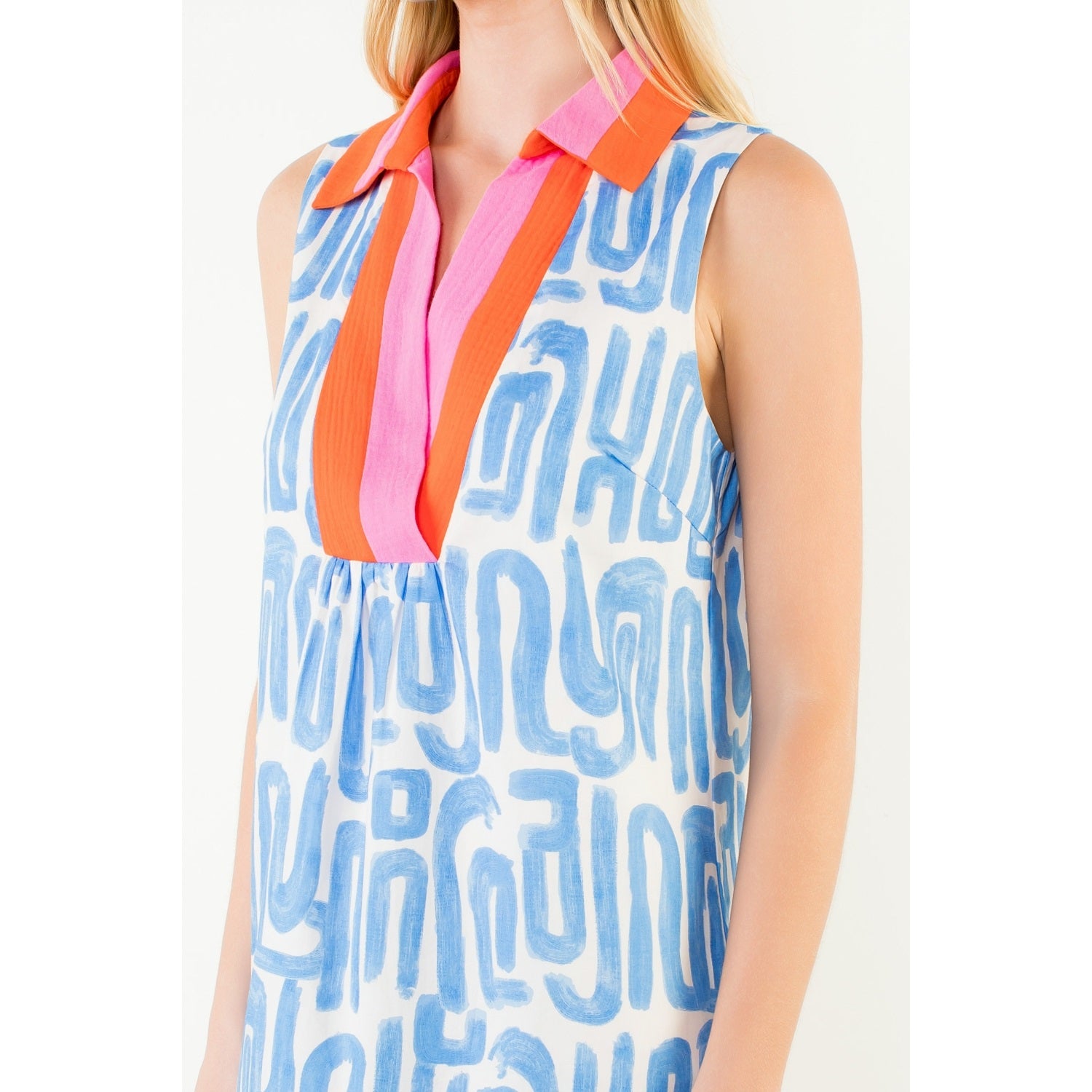 Sleeveless Abstract Pattern V-Neck Dress