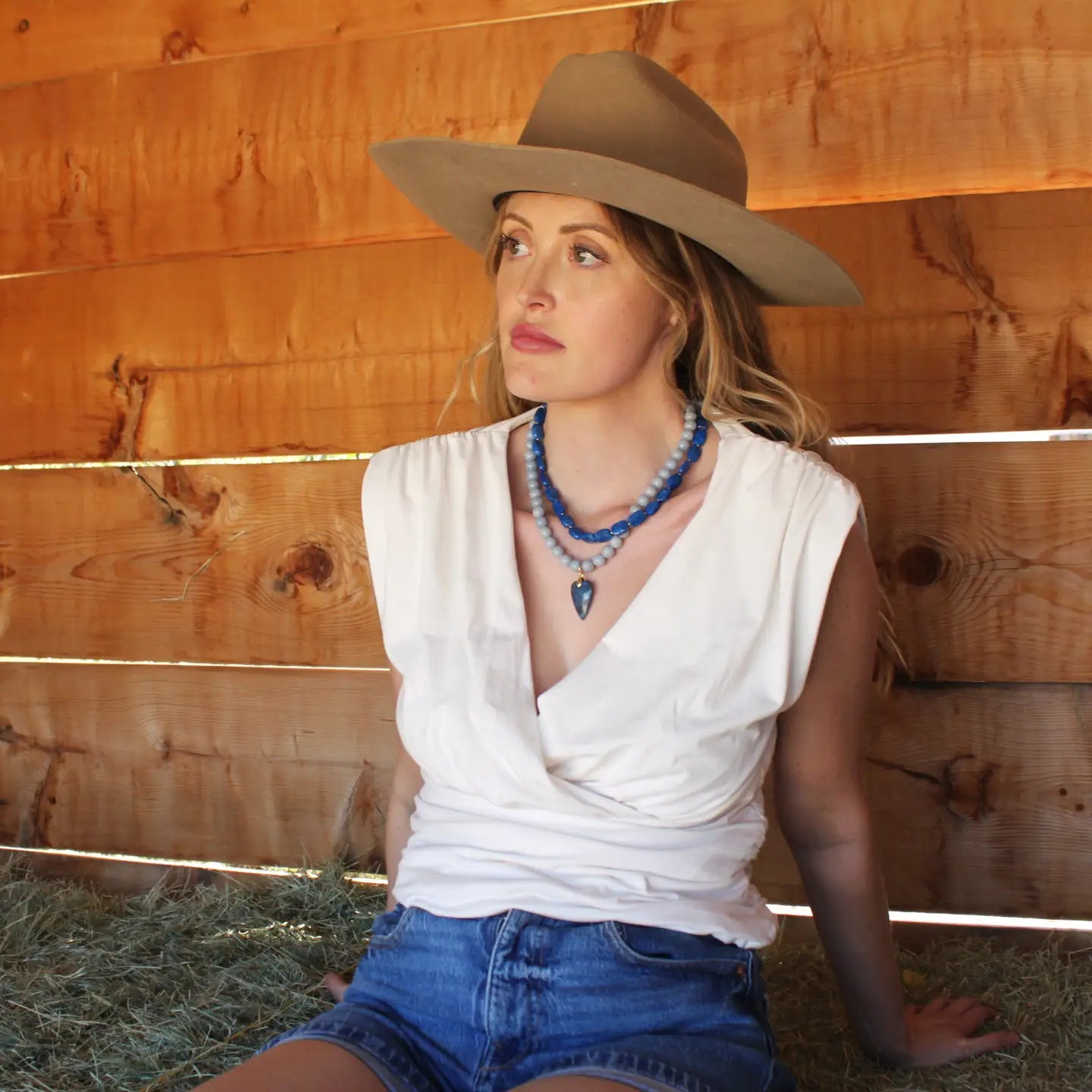Denim Heart Beaded Necklace
