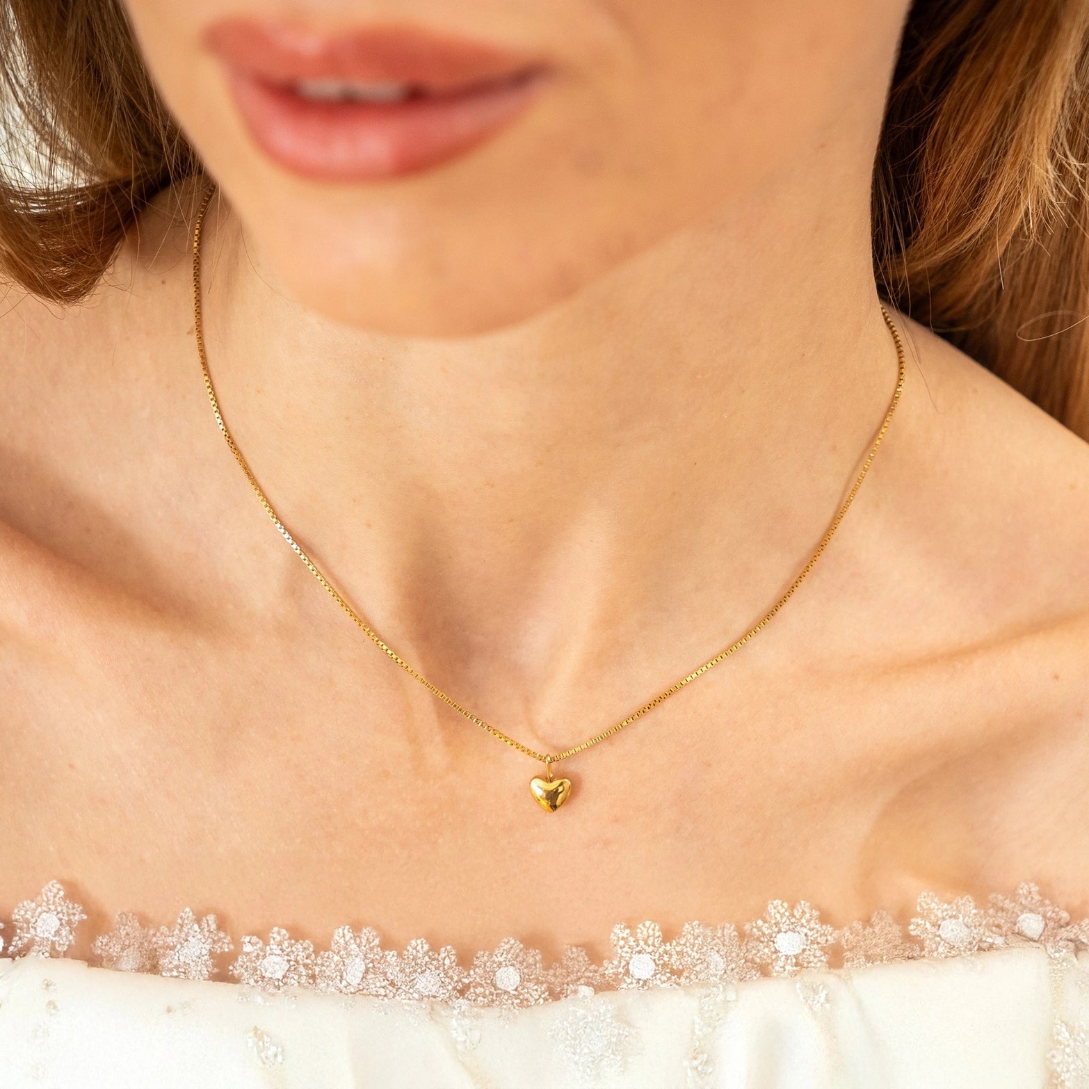 Waterproof Dainty Gold Puffy Heart Necklace