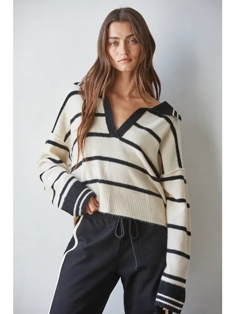Knit Sweater Striped Collar V-neck Long Sleeve Top