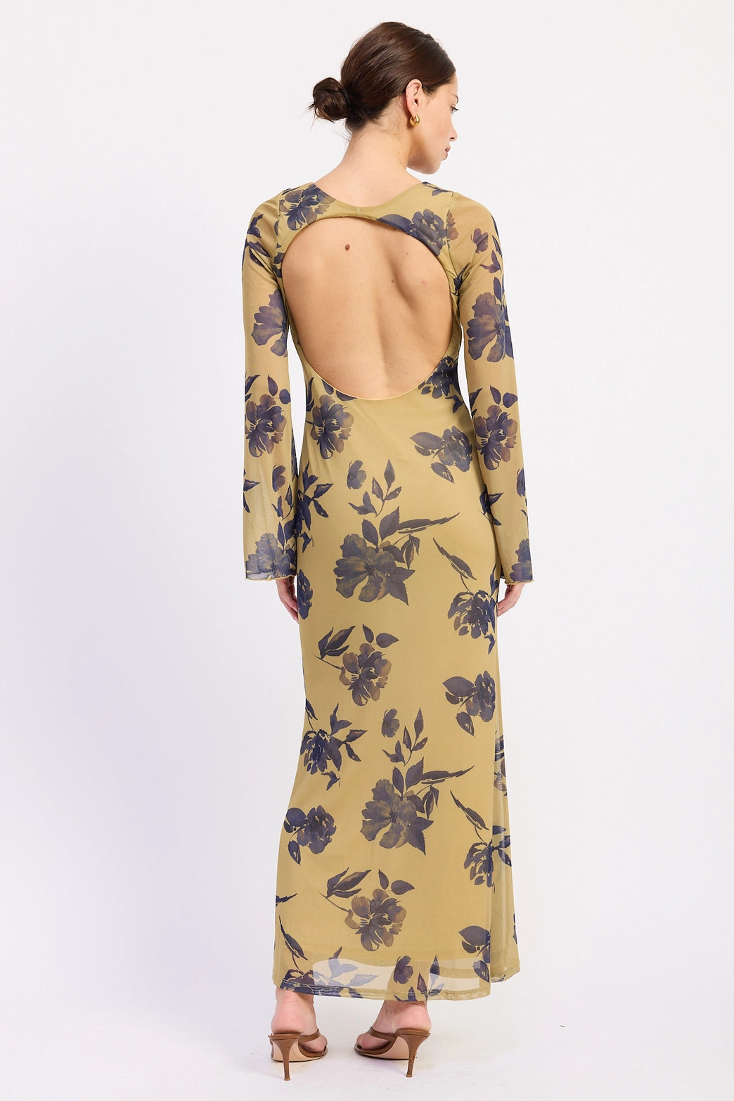 Long Sleeve Floral Print Maxi Mesh Dress with Open Back