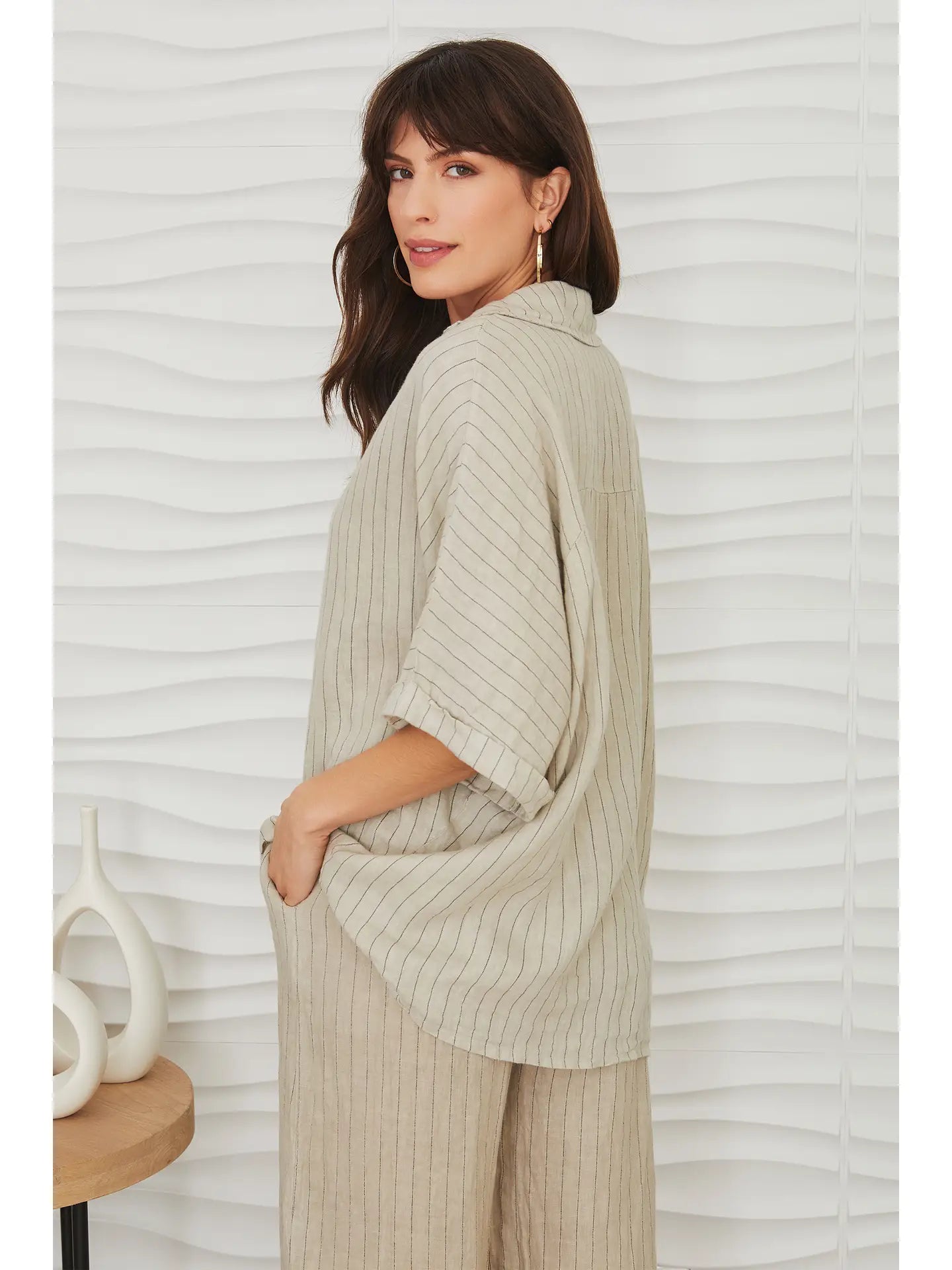Collared Linen Pinstripe High Low Top