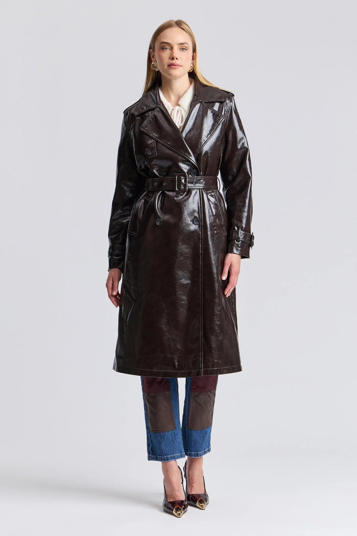 Glossy Faux Leather Faux Fur Trimmed Trench Coat