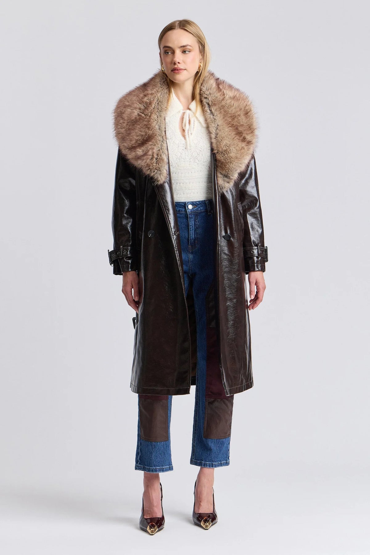 Glossy Faux Leather Faux Fur Trimmed Trench Coat