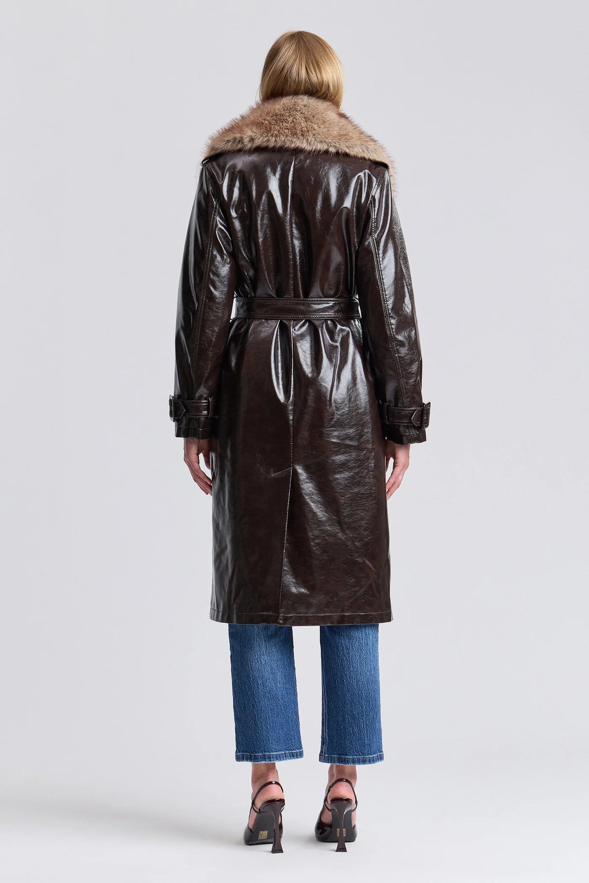 Glossy Faux Leather Faux Fur Trimmed Trench Coat