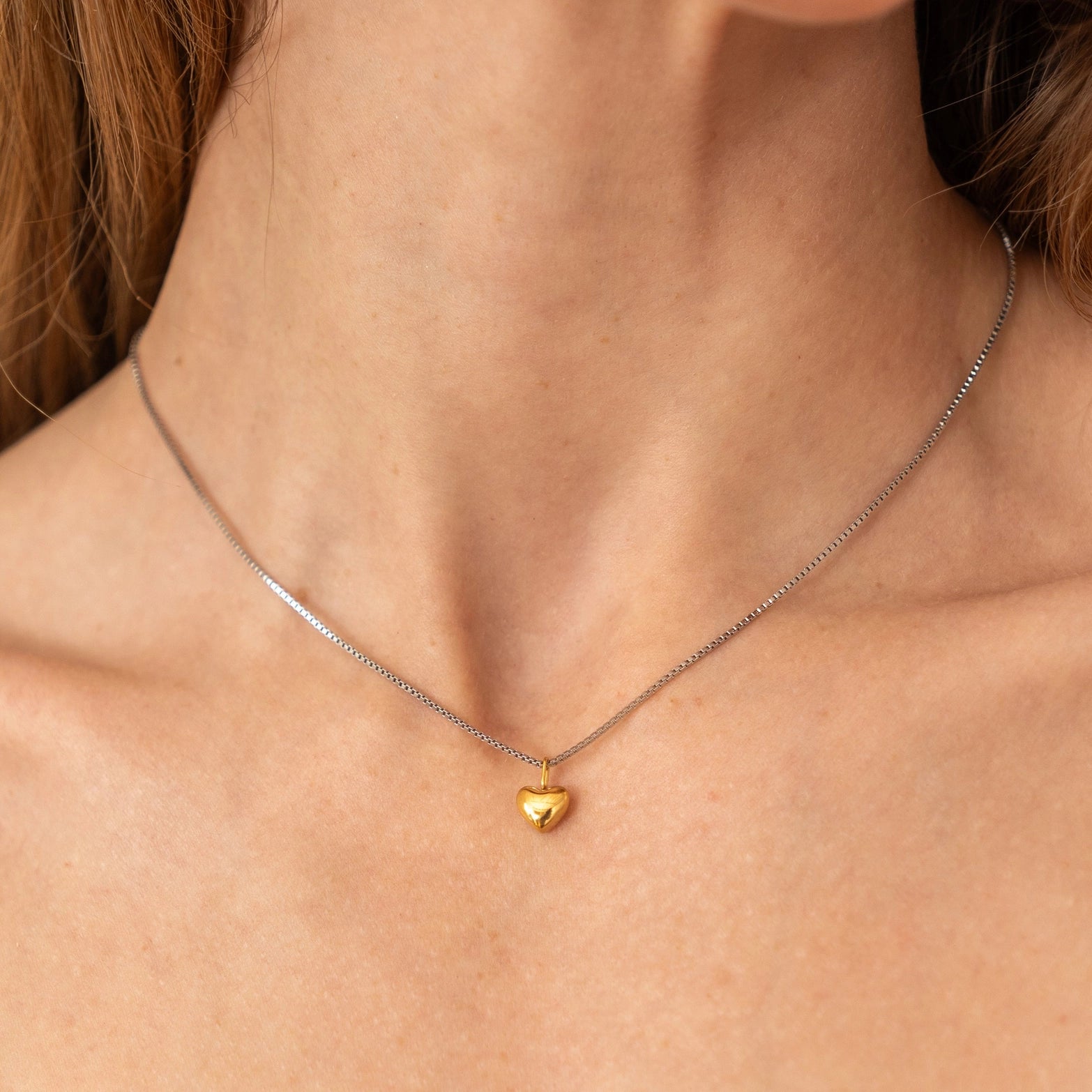 Waterproof Dainty Two-Tone Puffy Heart Necklace