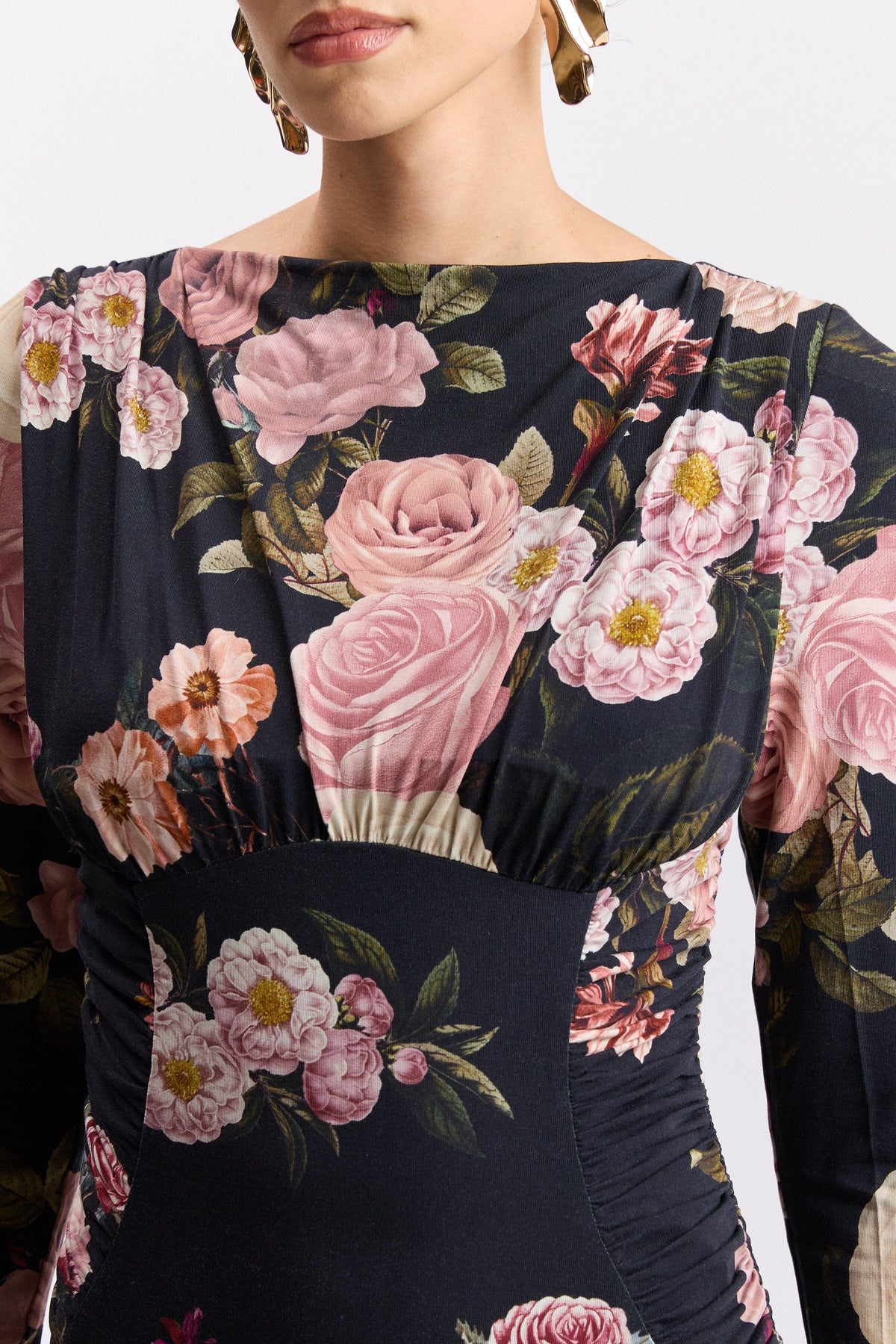 Floral Shirred Cowl Neck Midi Dress