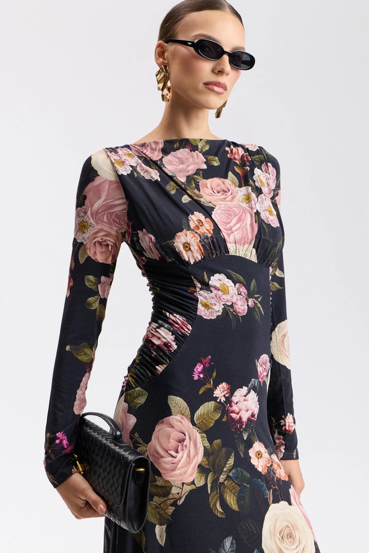 Floral Shirred Cowl Neck Midi Dress
