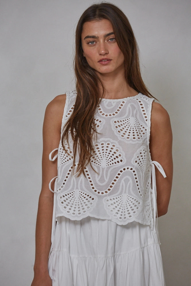 Woven Cotton Eyelet Round Neck Top