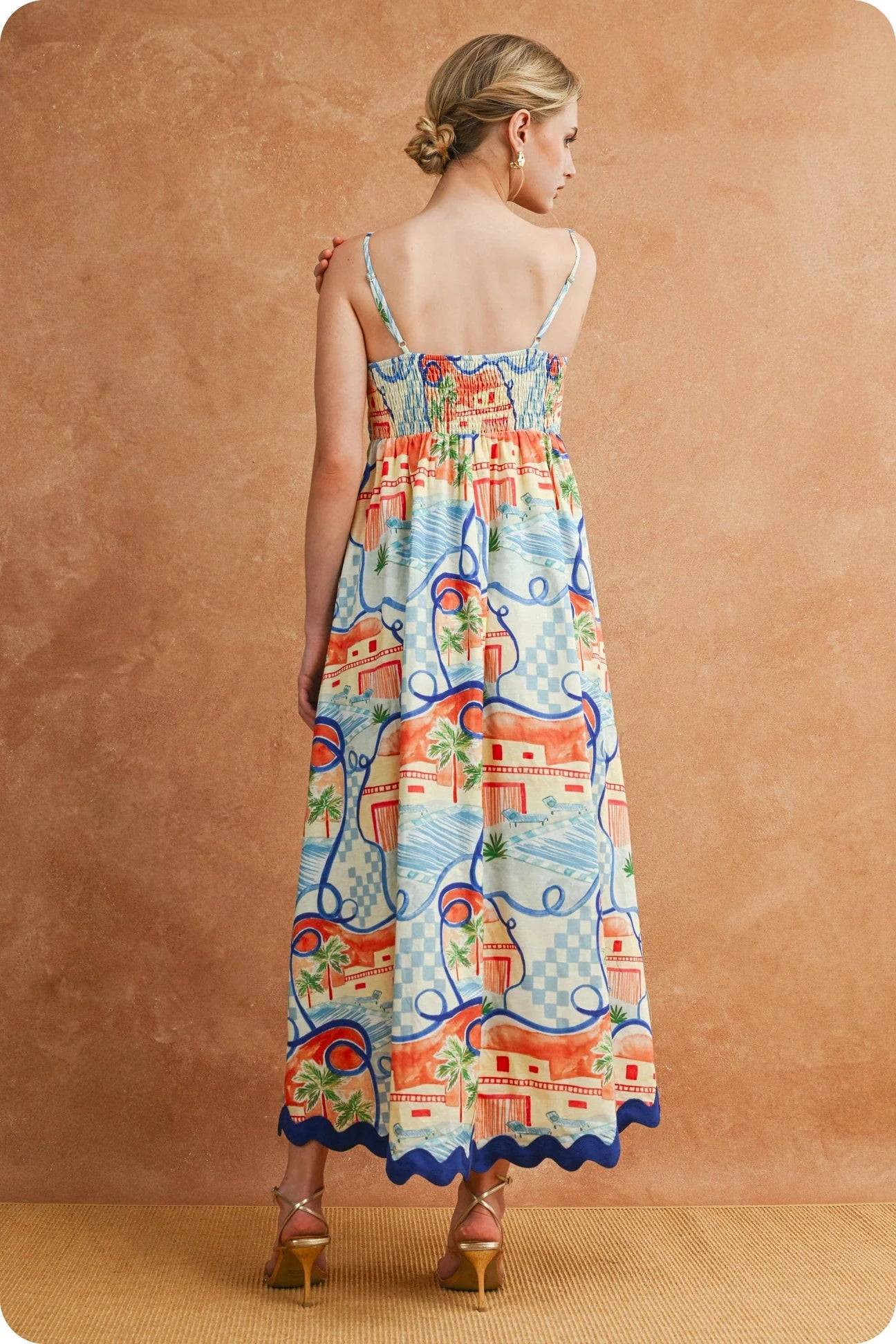 Riviera Dream Scalloped Sleeveless Midi Dress