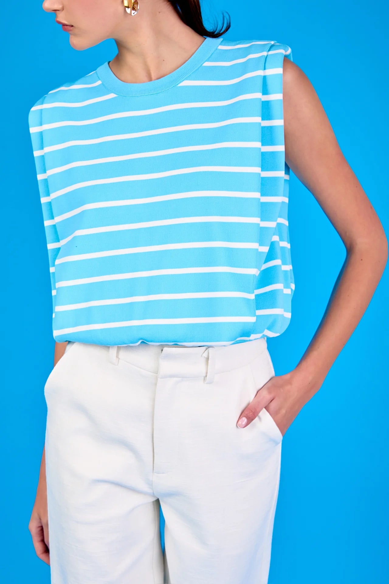 Striped Sleeveless Pleated Knit Top