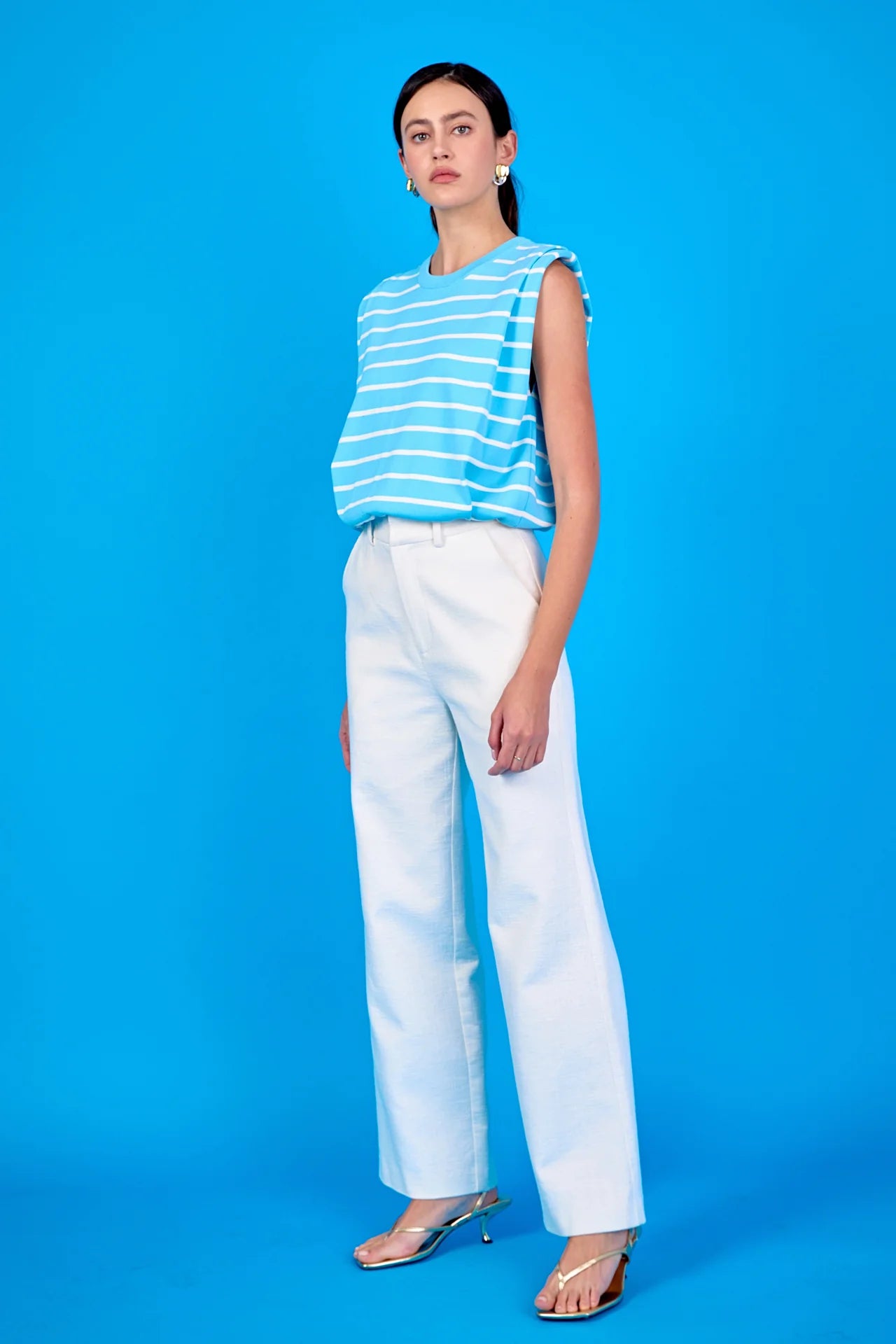 Striped Sleeveless Pleated Knit Top