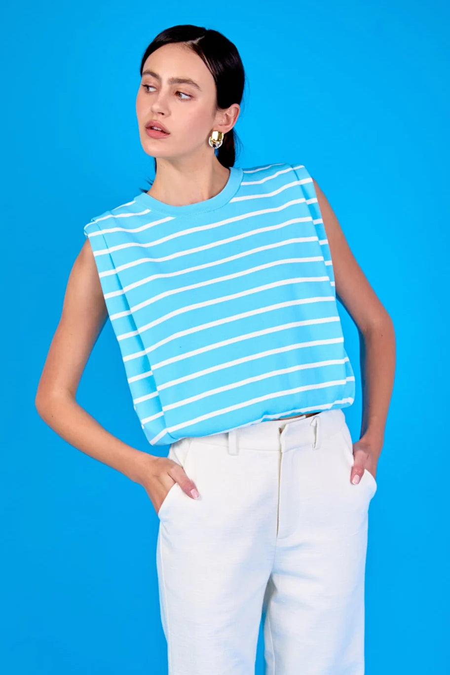 Striped Sleeveless Pleated Knit Top