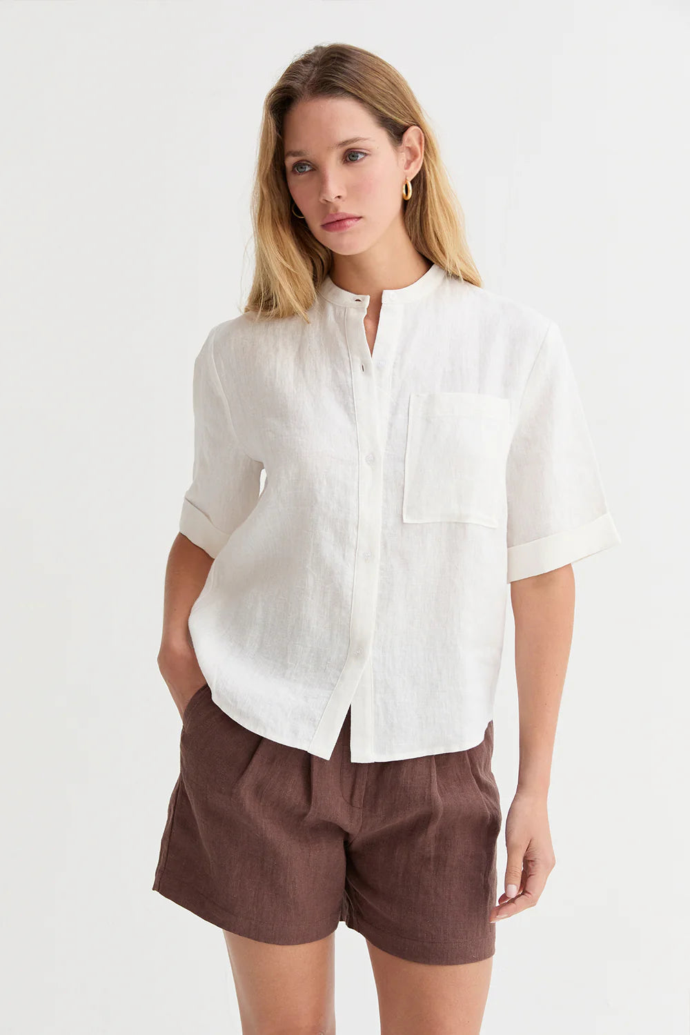 Joyce Mandarin Collar Button Up Linen Top