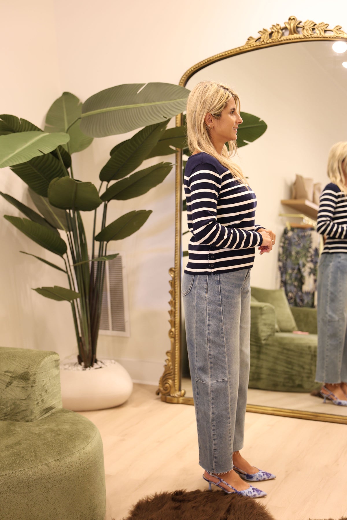 Striped Boat Neck Button Cotton Sweater