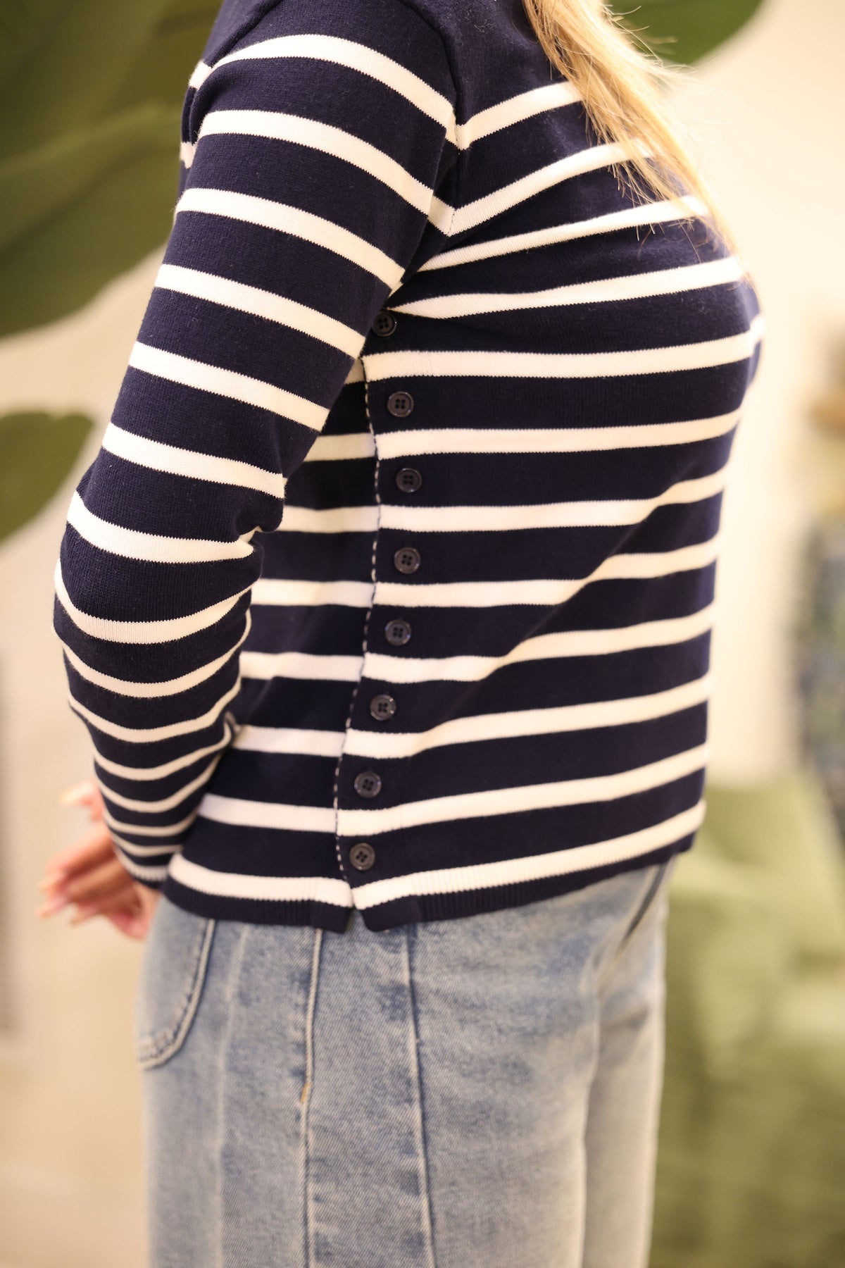Striped Boat Neck Button Cotton Sweater