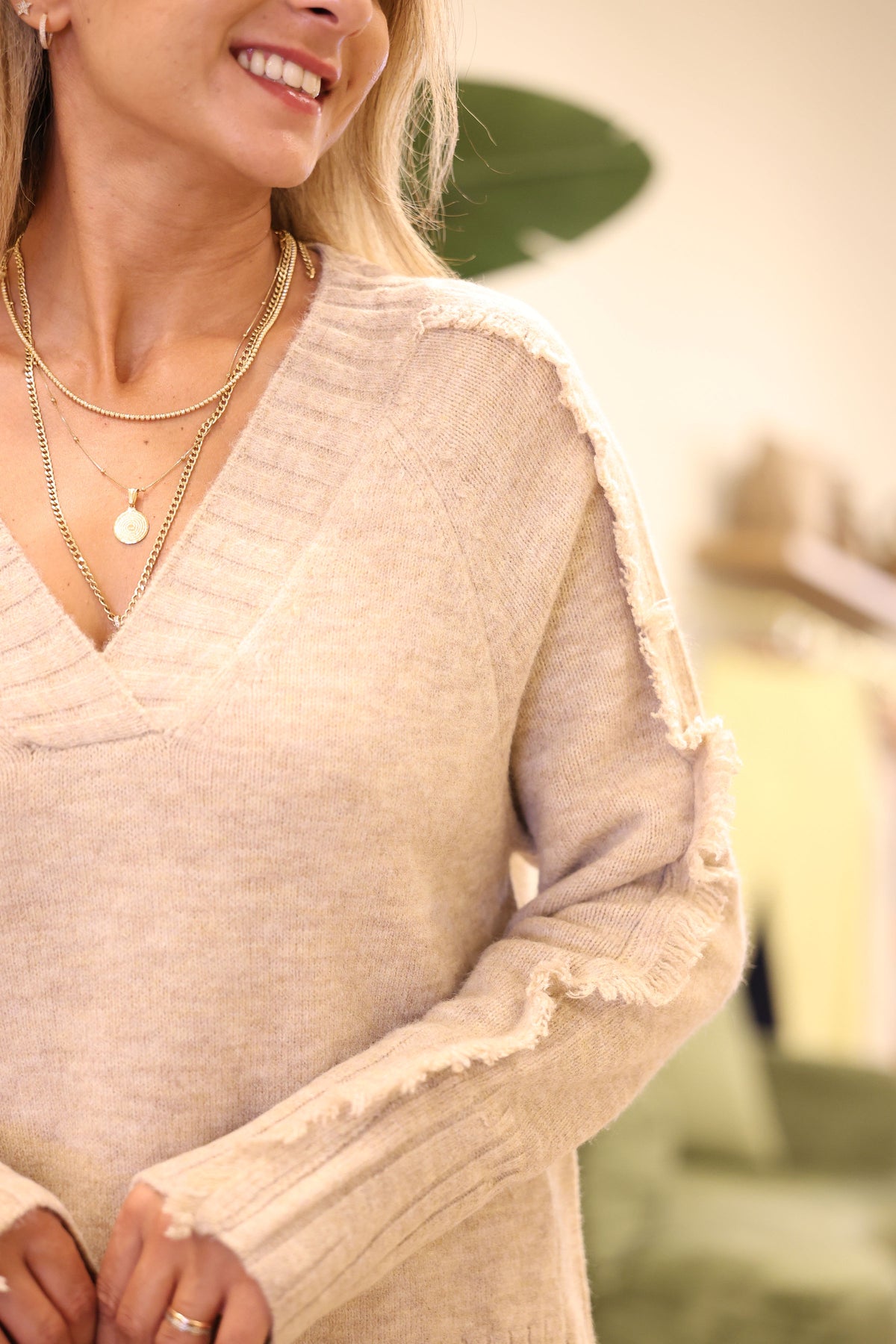 Distressed V-Neck Side-Slit Sweater