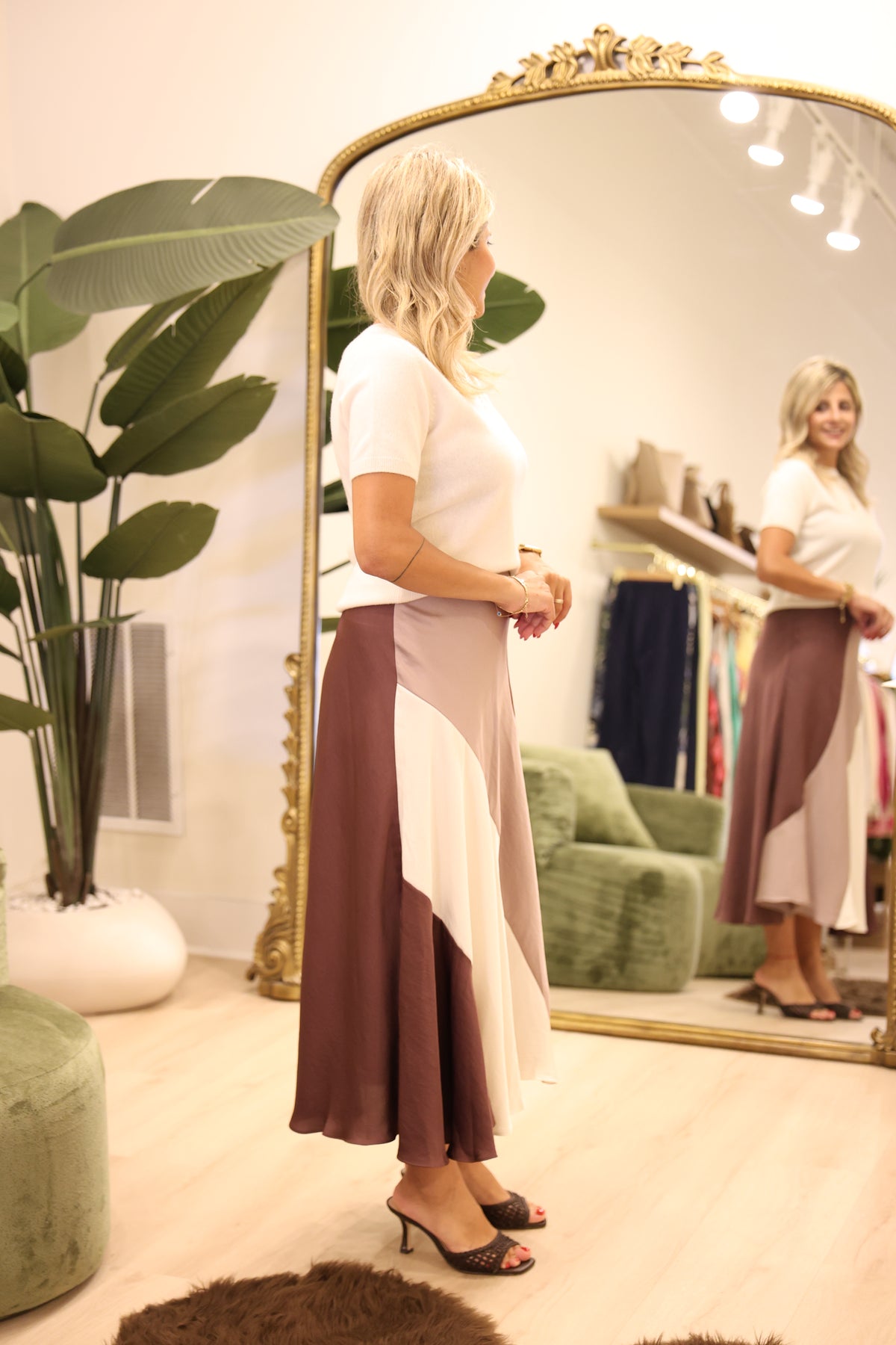 Satin Color Block Bias Midi Skirt
