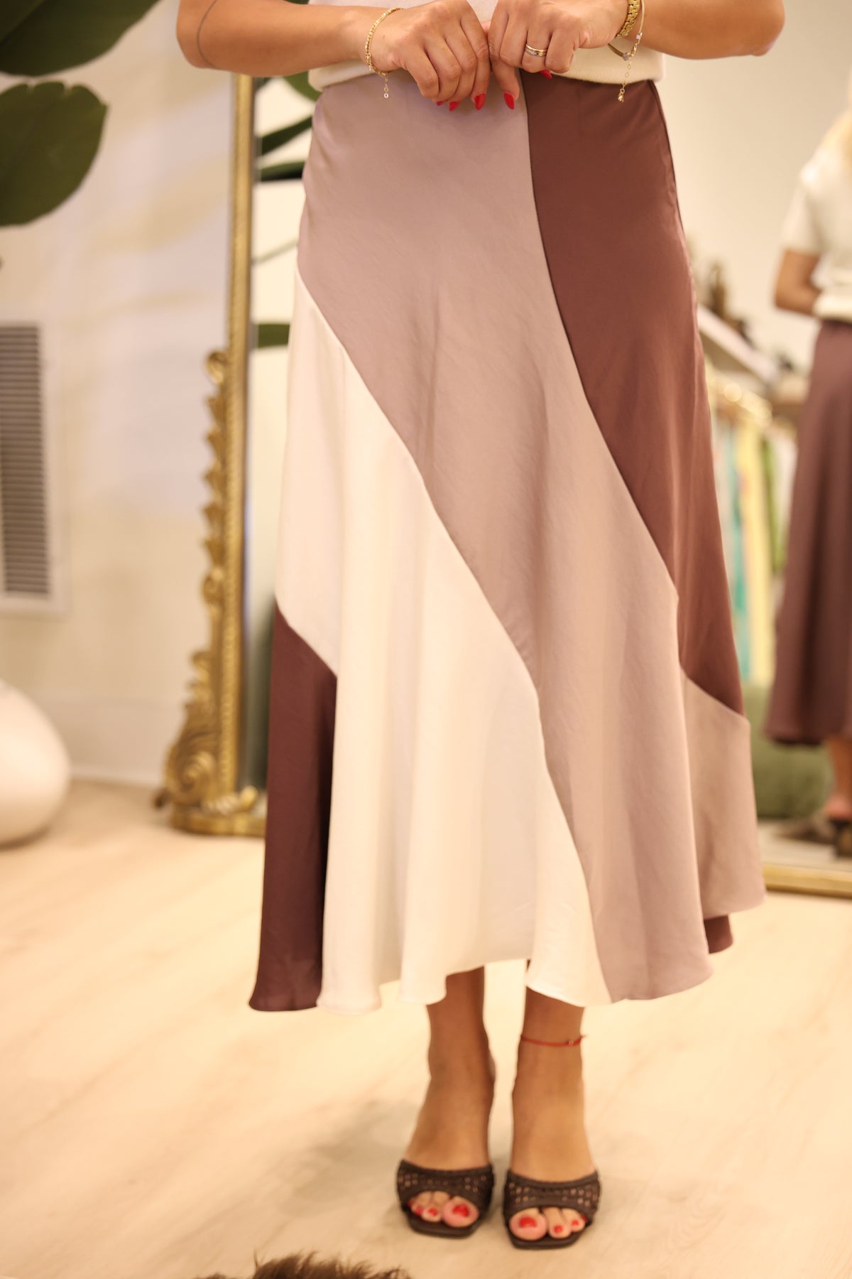Satin Color Block Bias Midi Skirt
