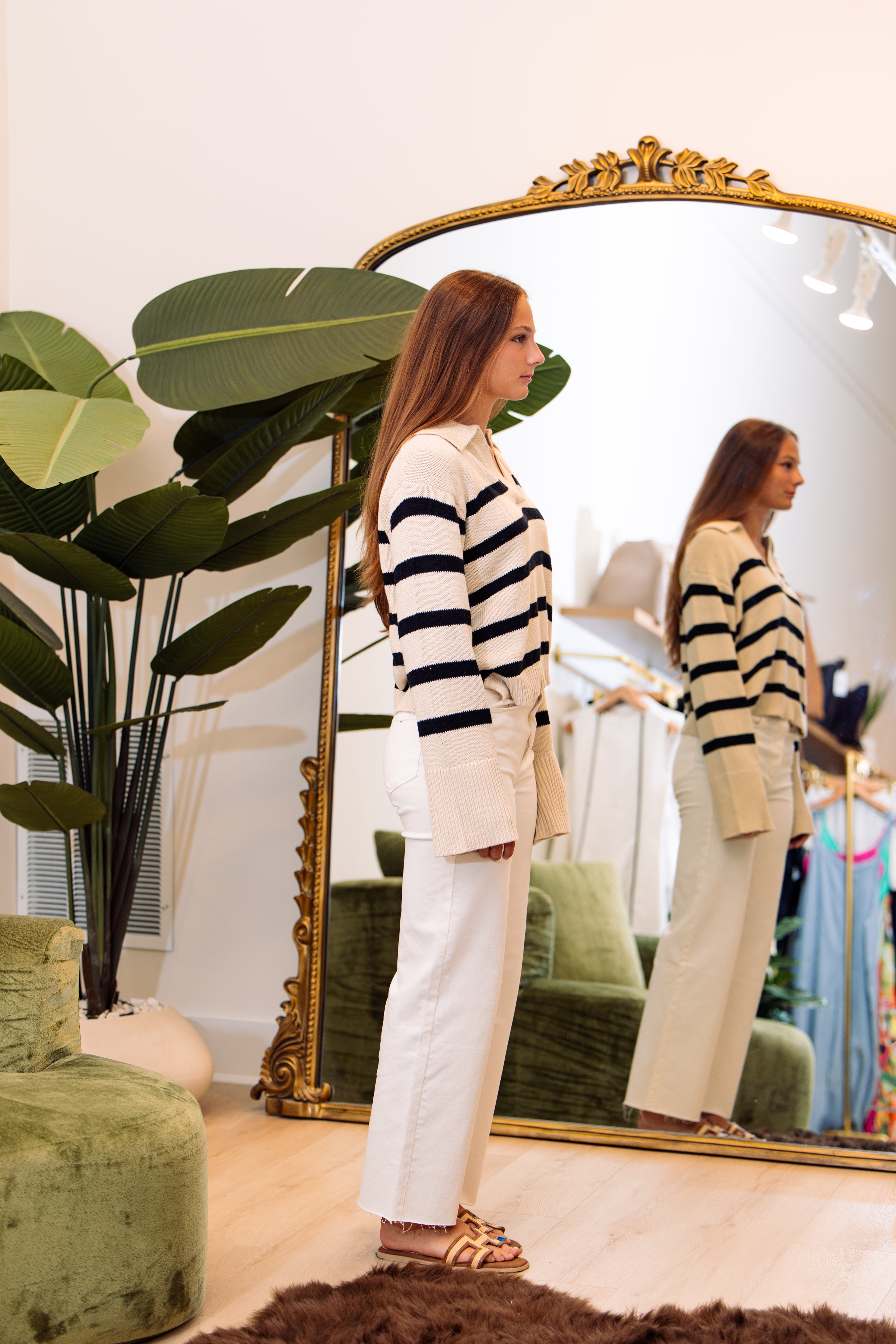 Striped Plunged V Neck Long Sleeve Top