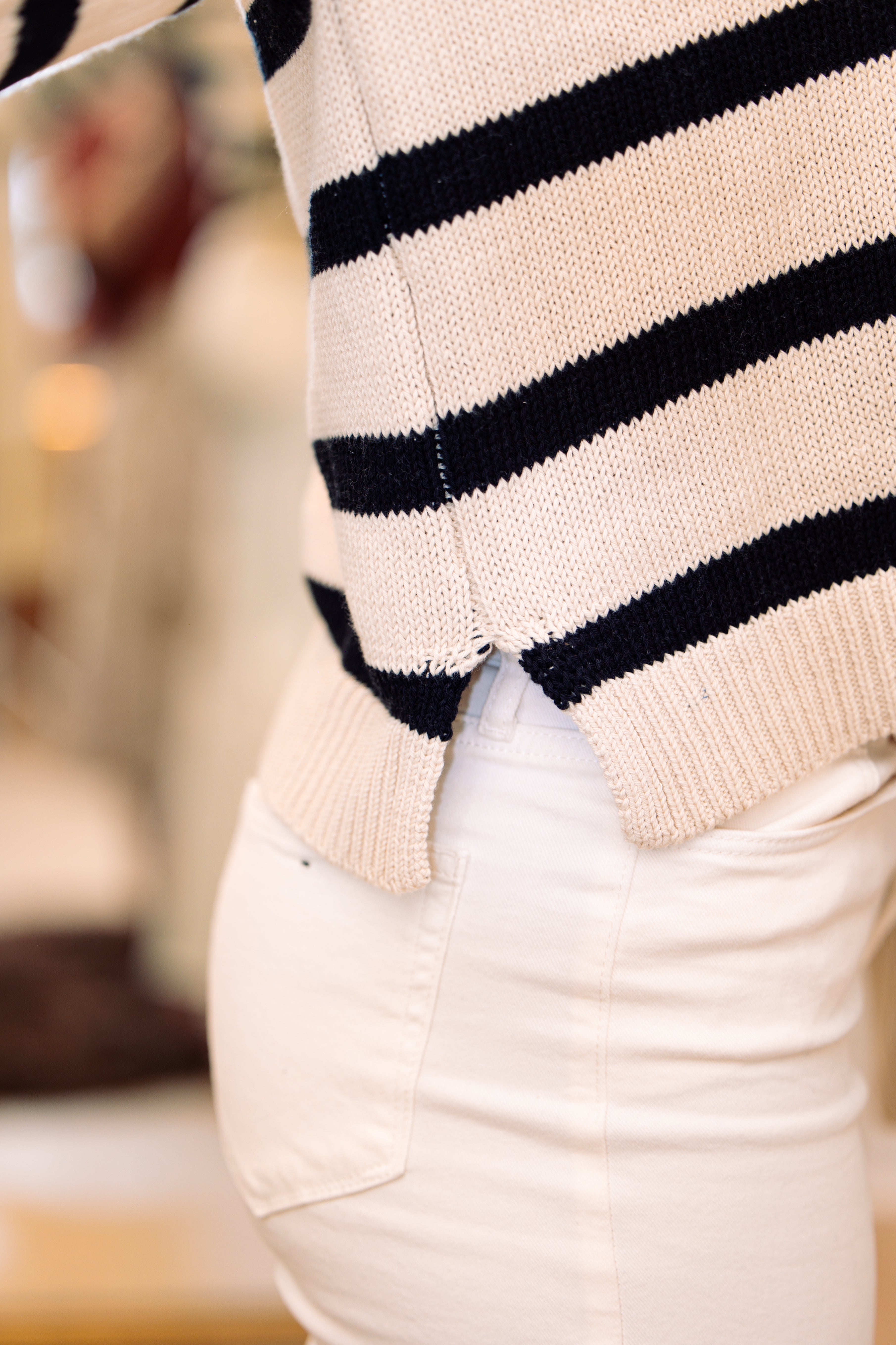 Striped Plunged V Neck Long Sleeve Top