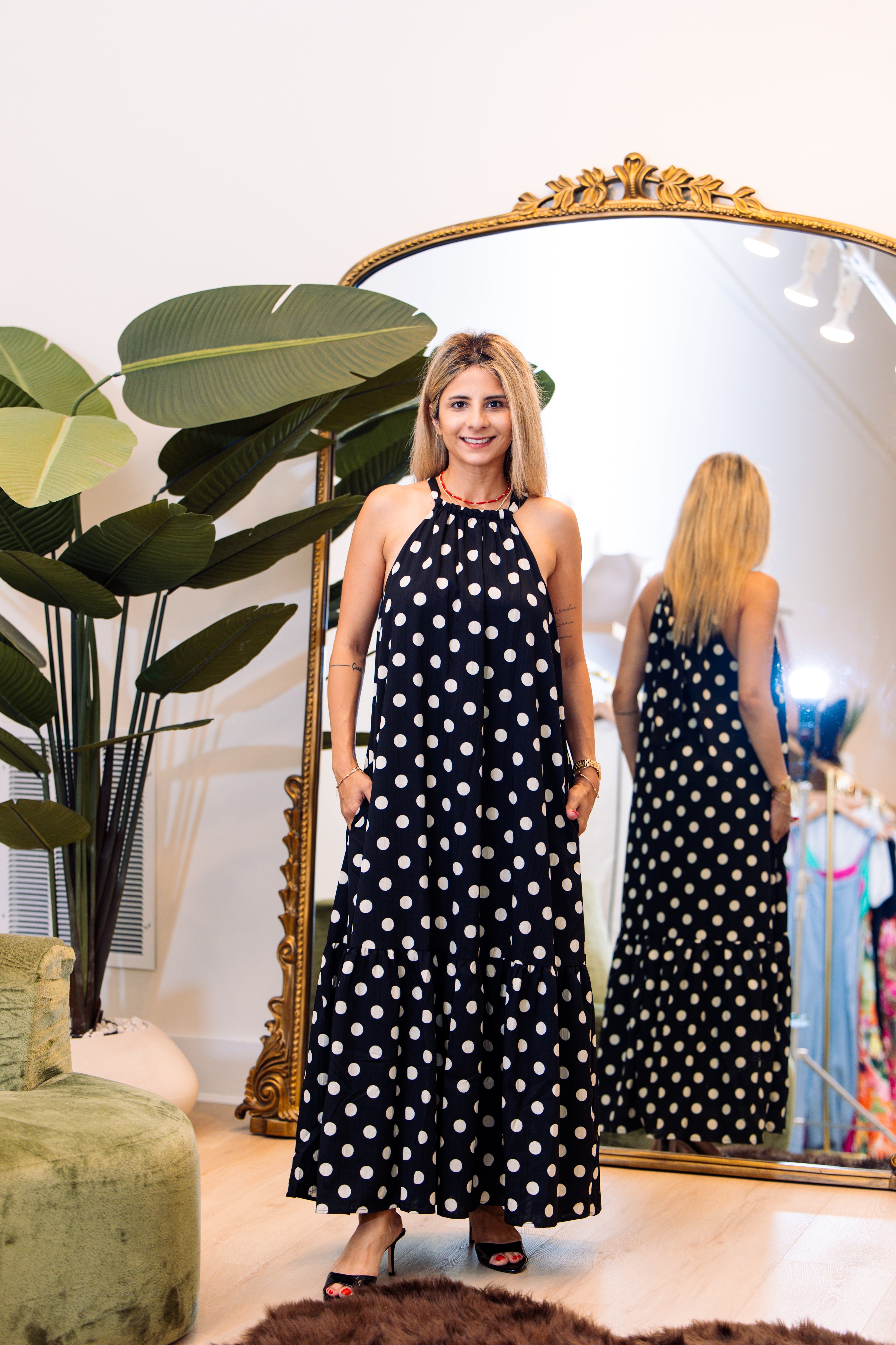 Polka Dot Printed Bow Tie Maxi Dress