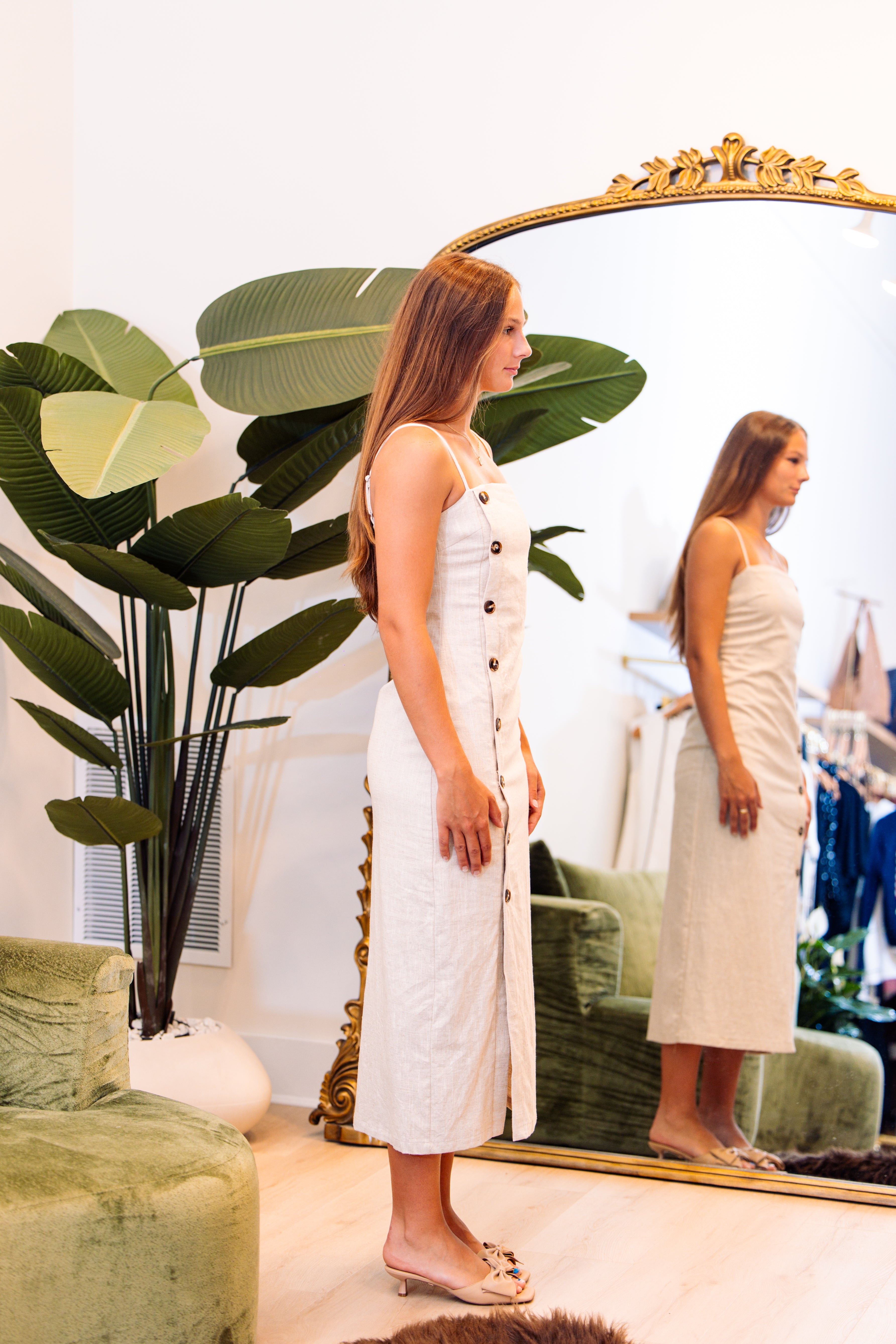 Button Detail Linen Long Dress