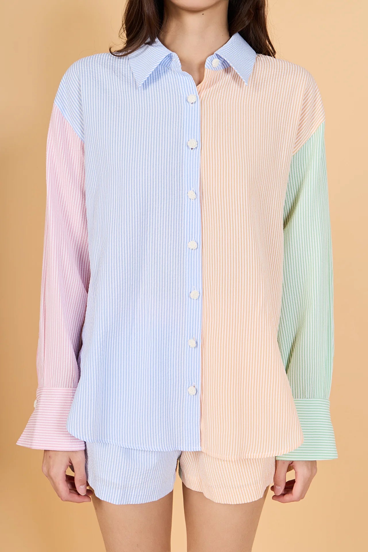 Colorblock Seersucker Button Down Shirt