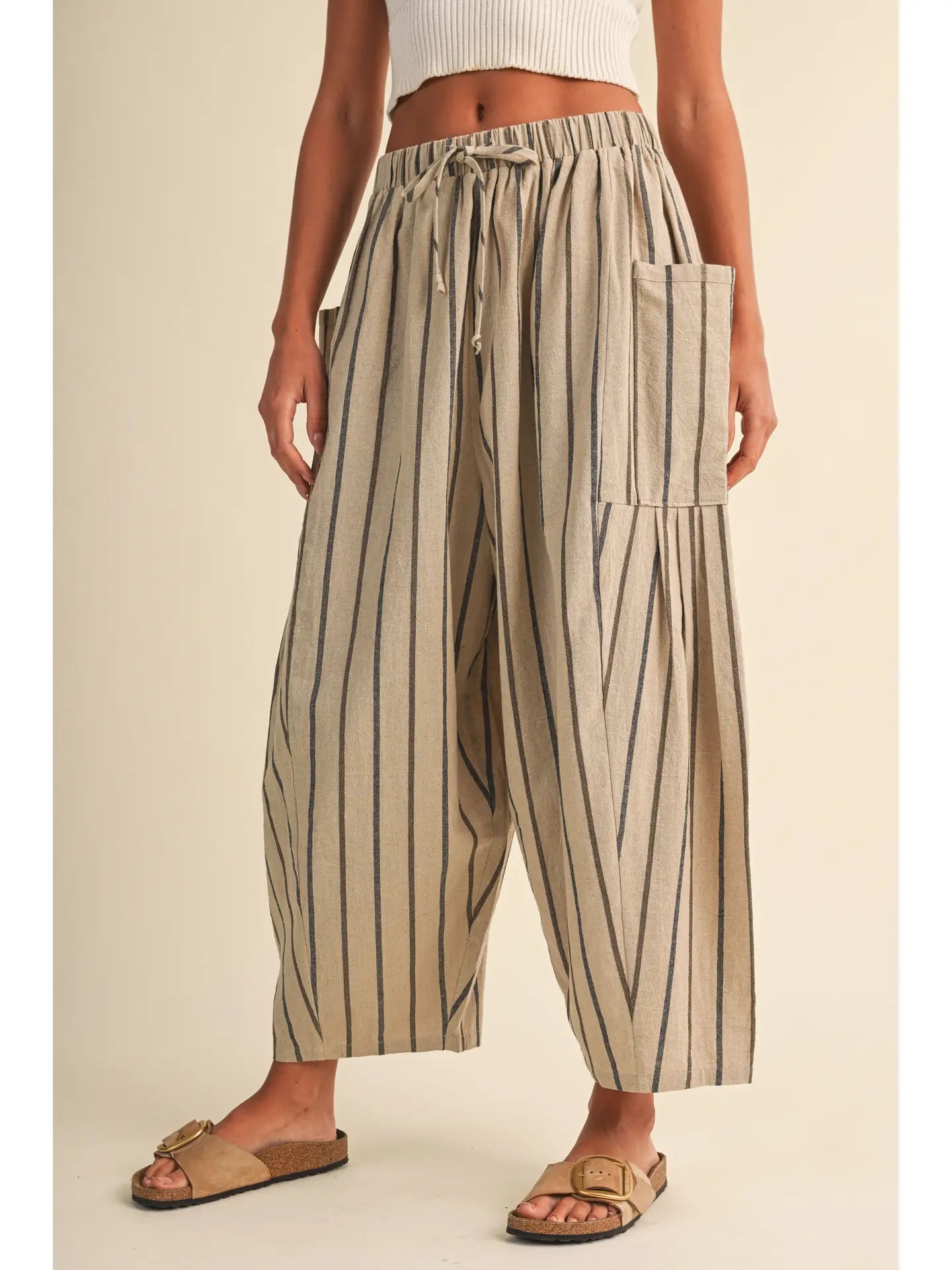 Striped Side Pocket Loose Relaxed Fit Cropped Pants