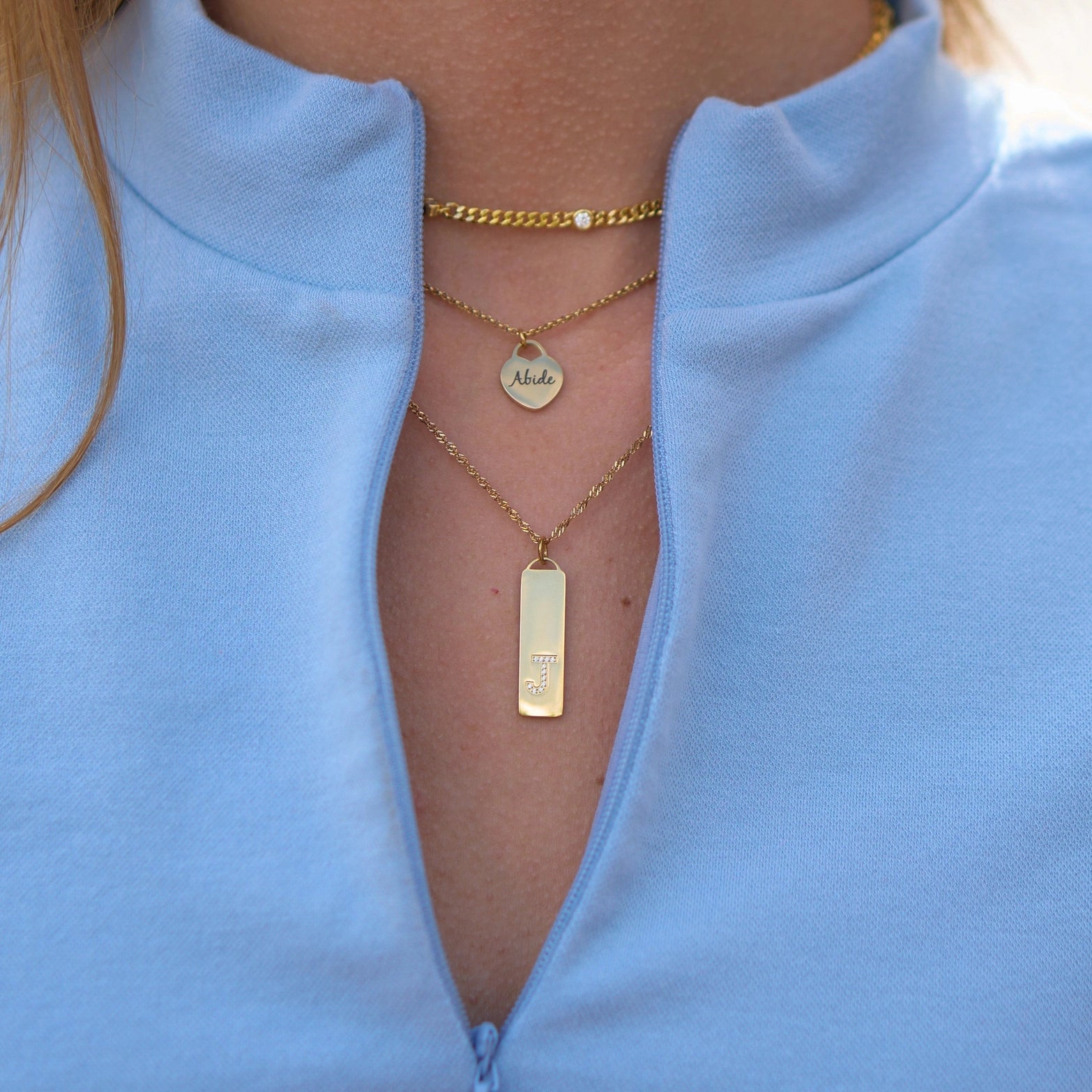 Waterproof Gold Initial Bar Pendant Necklace - L -