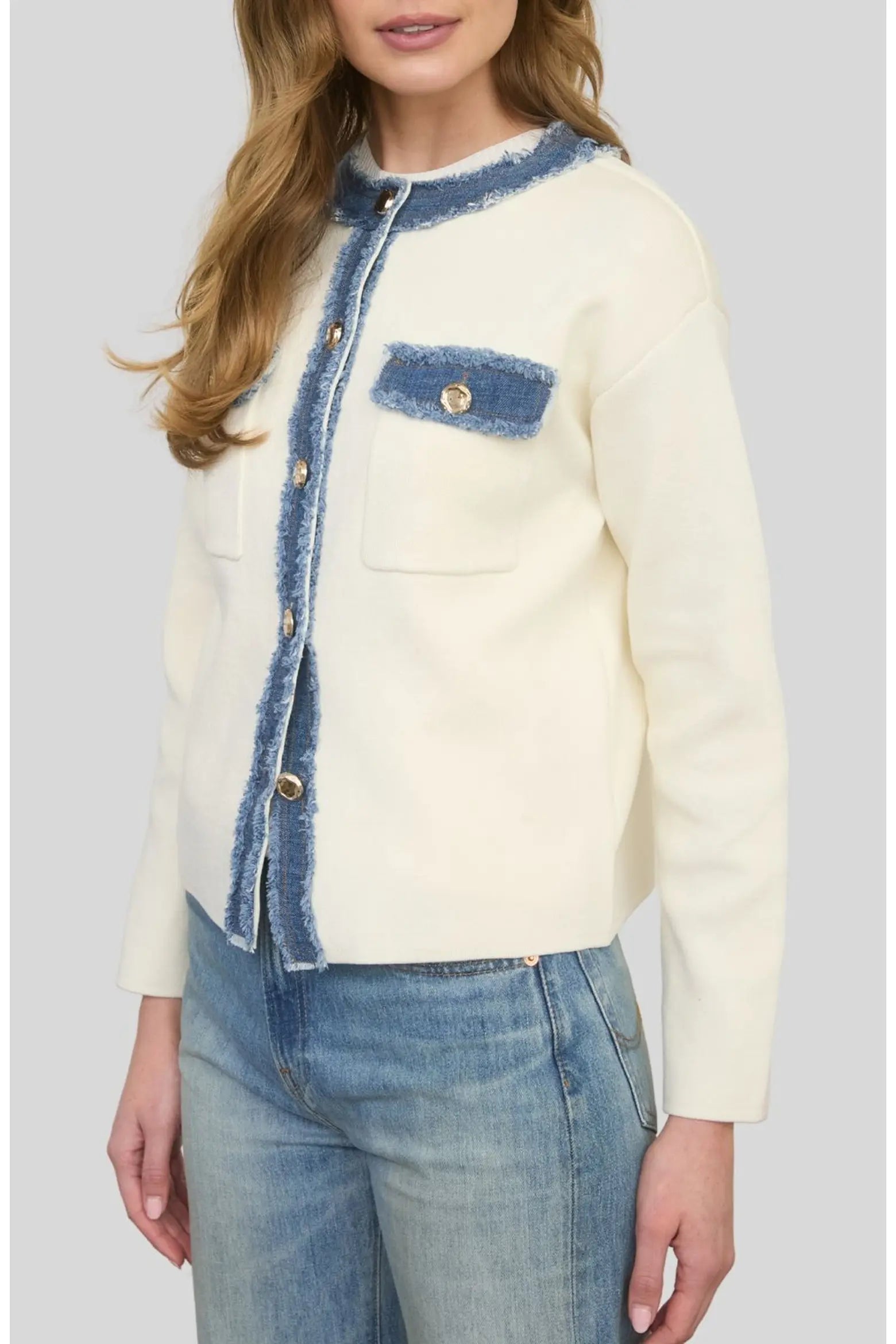 Frayed Denim Trim Knit Jacket
