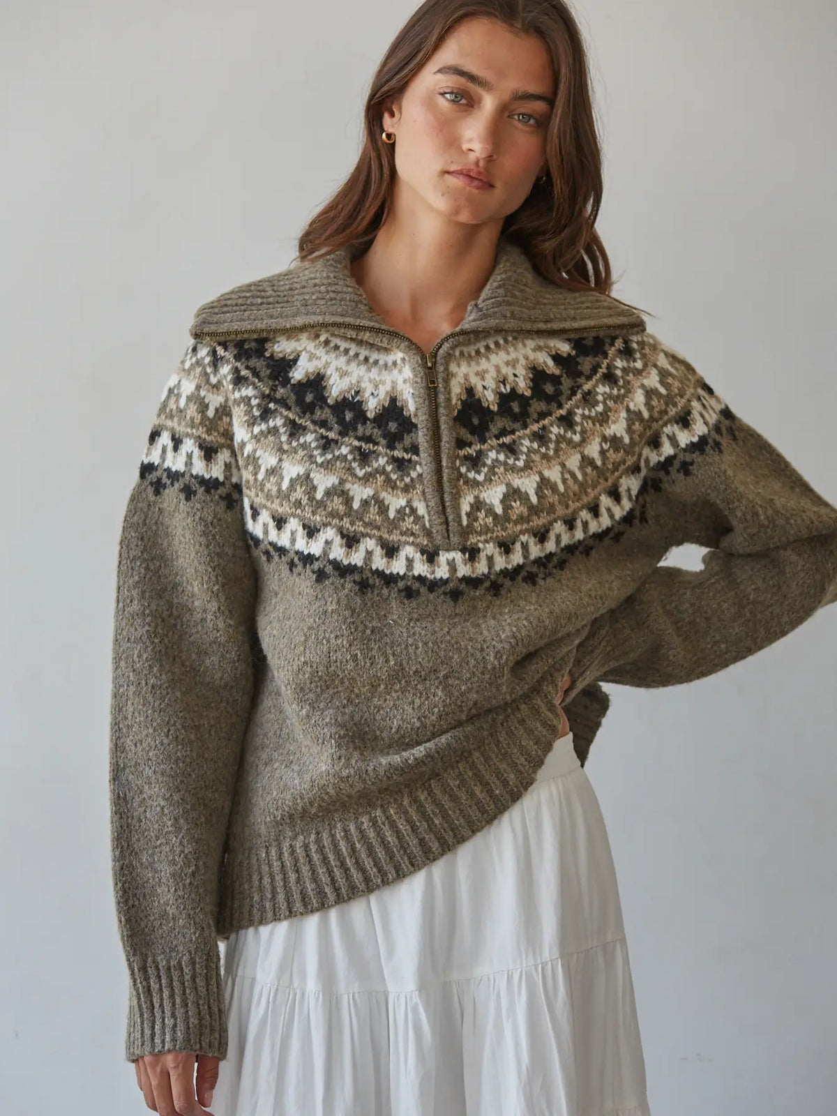 Knit Sweater Fair Isle Half Zip Up Pullover