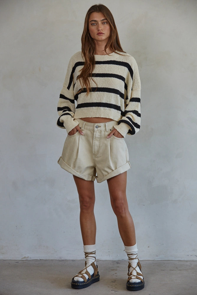 Knit Sweater Striped Crewneck Long Sleeve Top