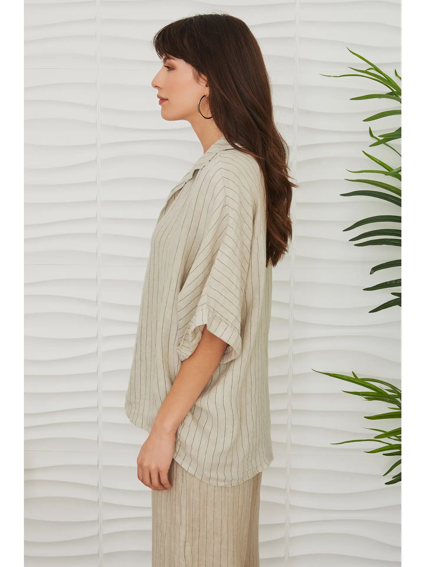 Collared Linen Pinstripe High Low Top