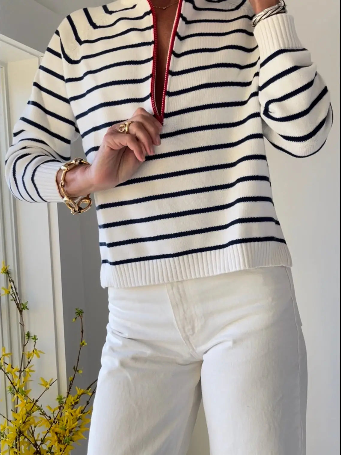 1/2 Zip Striped Cotton Sweater
