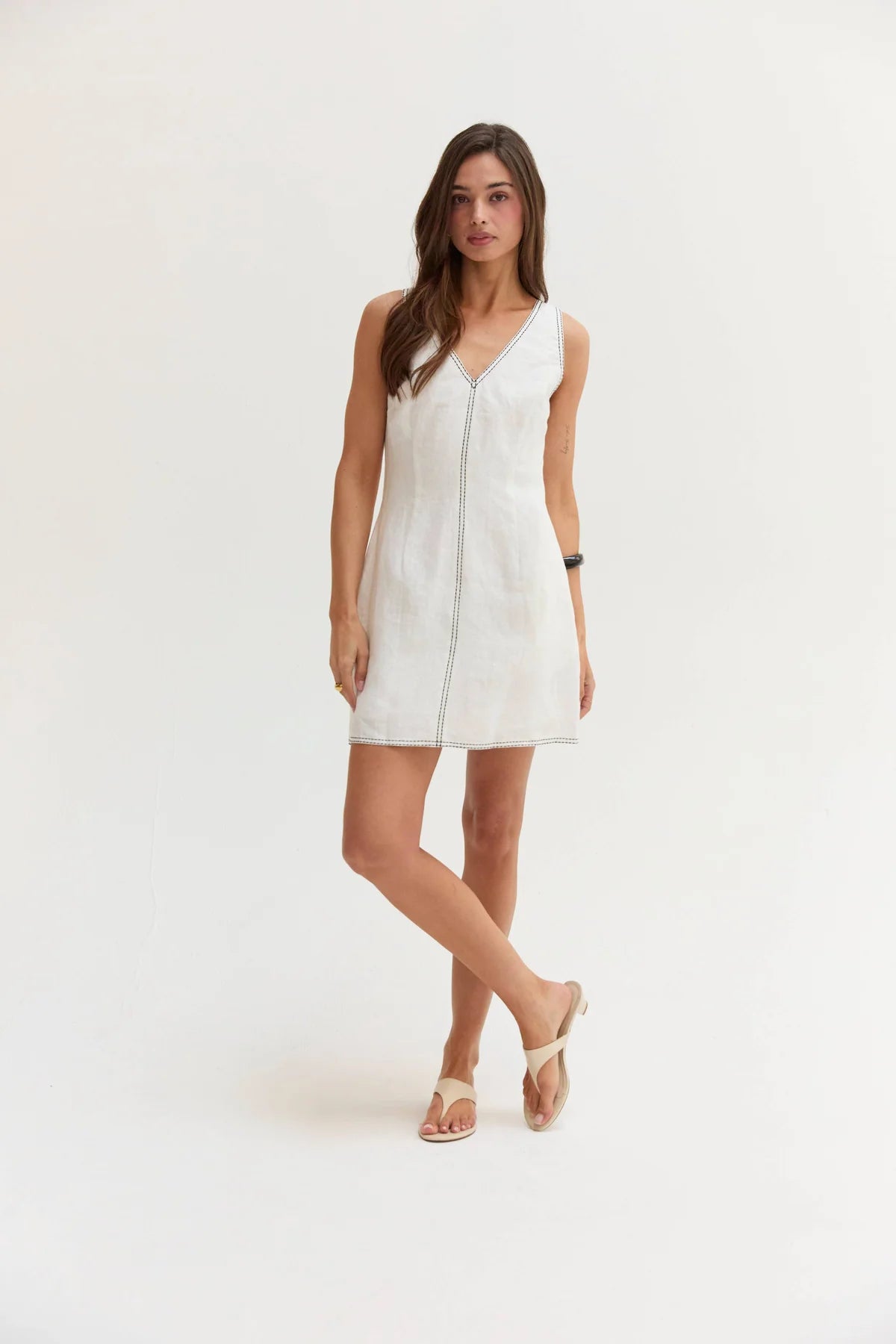 Amara Contrast Stitch V-Neck Linen Mini Dress