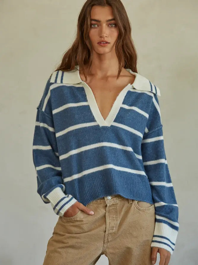Knit Sweater Striped Collar V-neck Long Sleeve Top