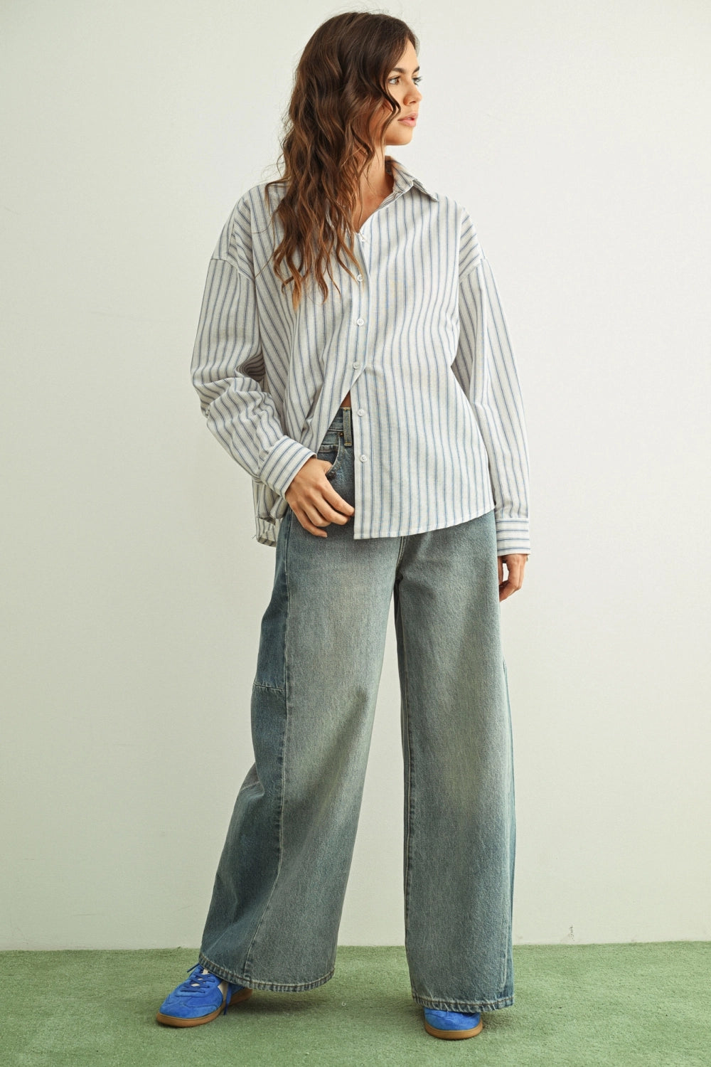 Striped Button Front Long Sleeve Shirts