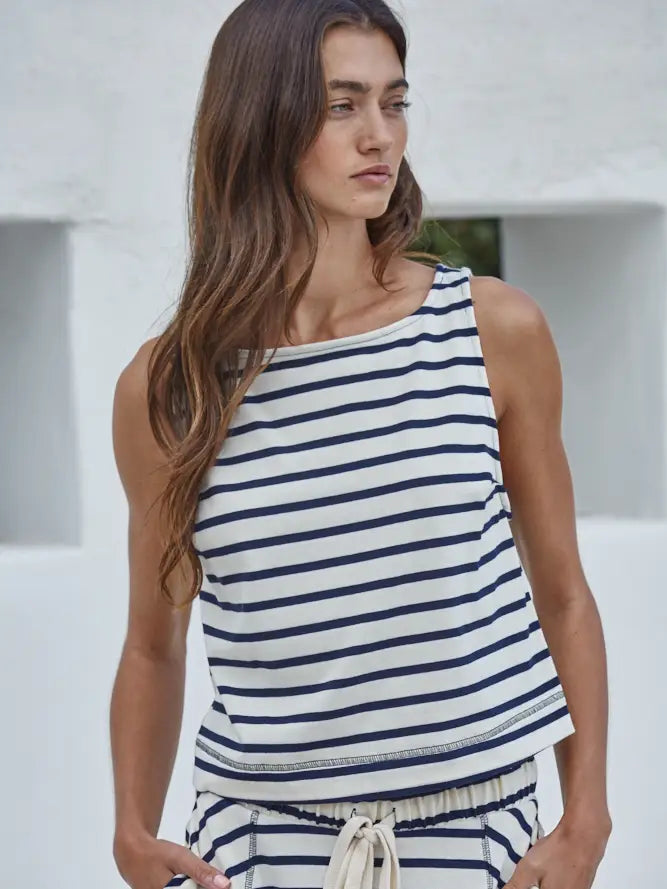 Knit Cotton Striped Round Neck Sleeveless Top