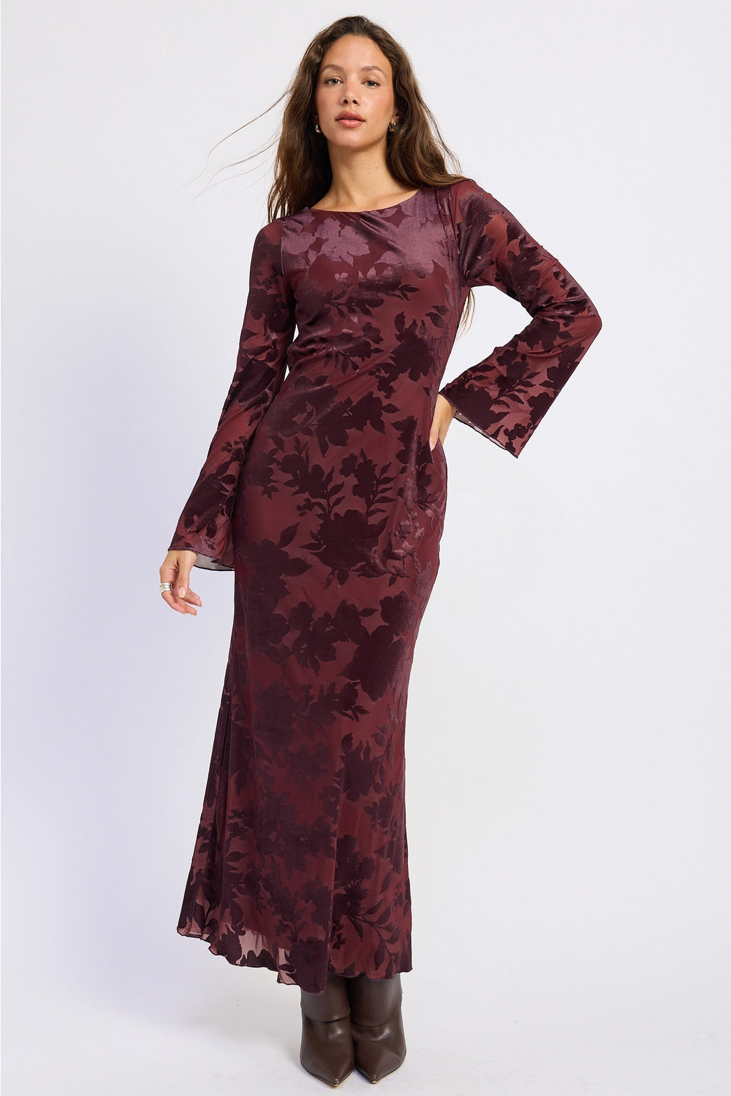 Open Back Maxi Floral Long Sleeve Dress