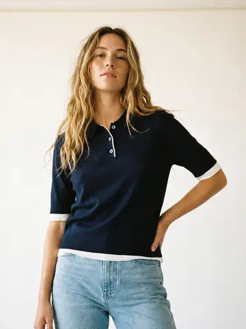 Polo Shirt with White Trim and Button Detail