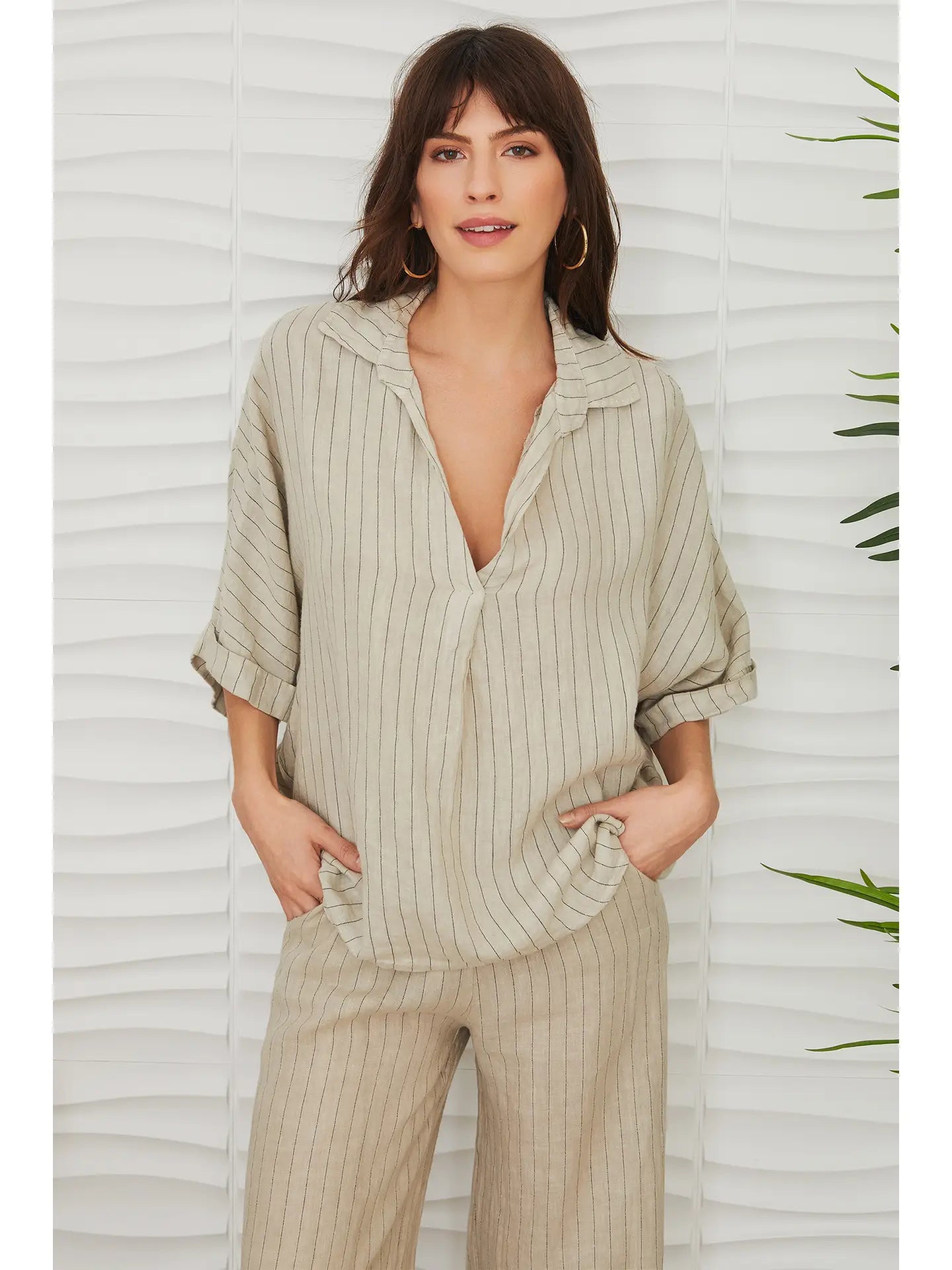 Collared Linen Pinstripe High Low Top