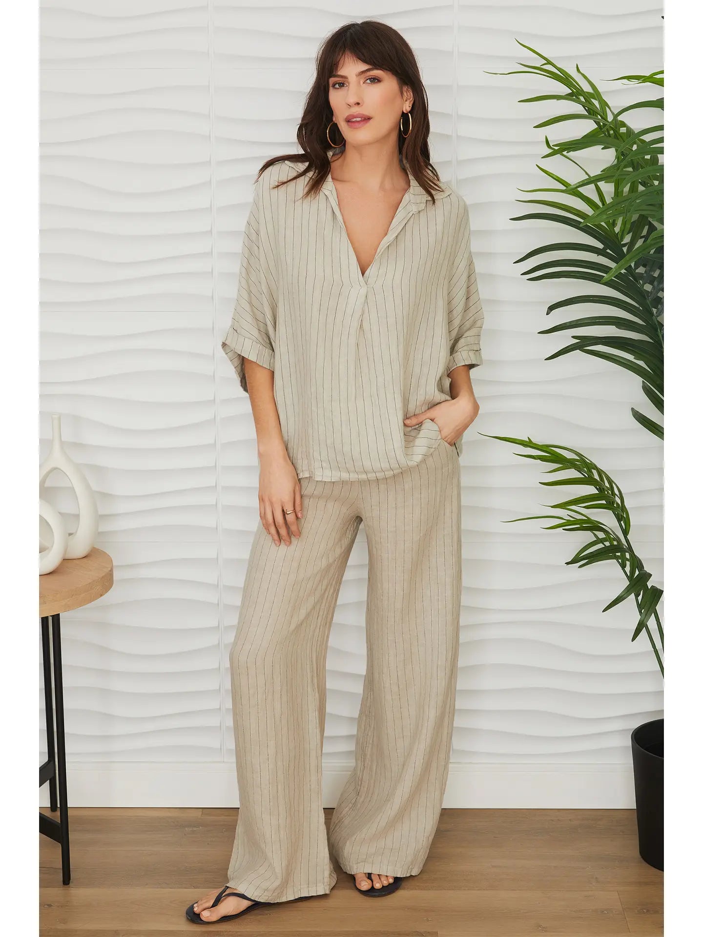 Collared Linen Pinstripe High Low Top