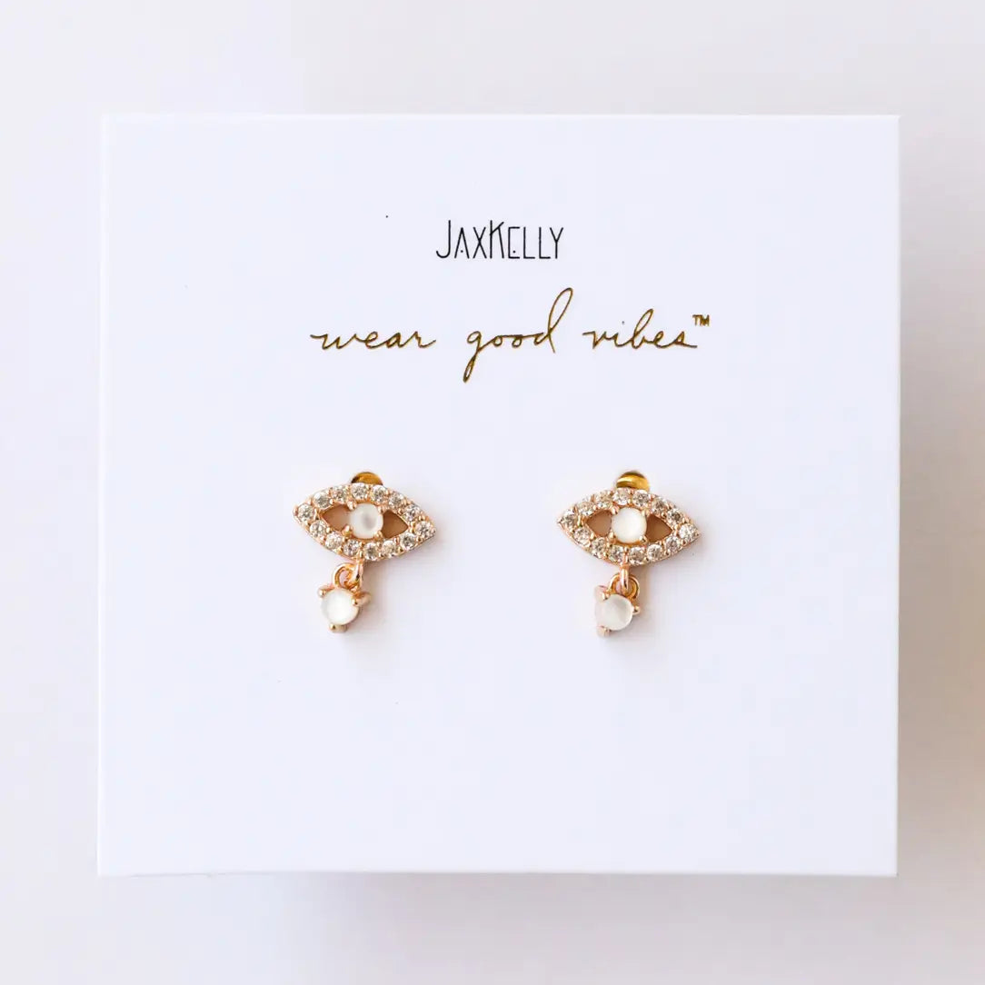 Evil Eye Drop - Rose Quartz - Gold Earrings