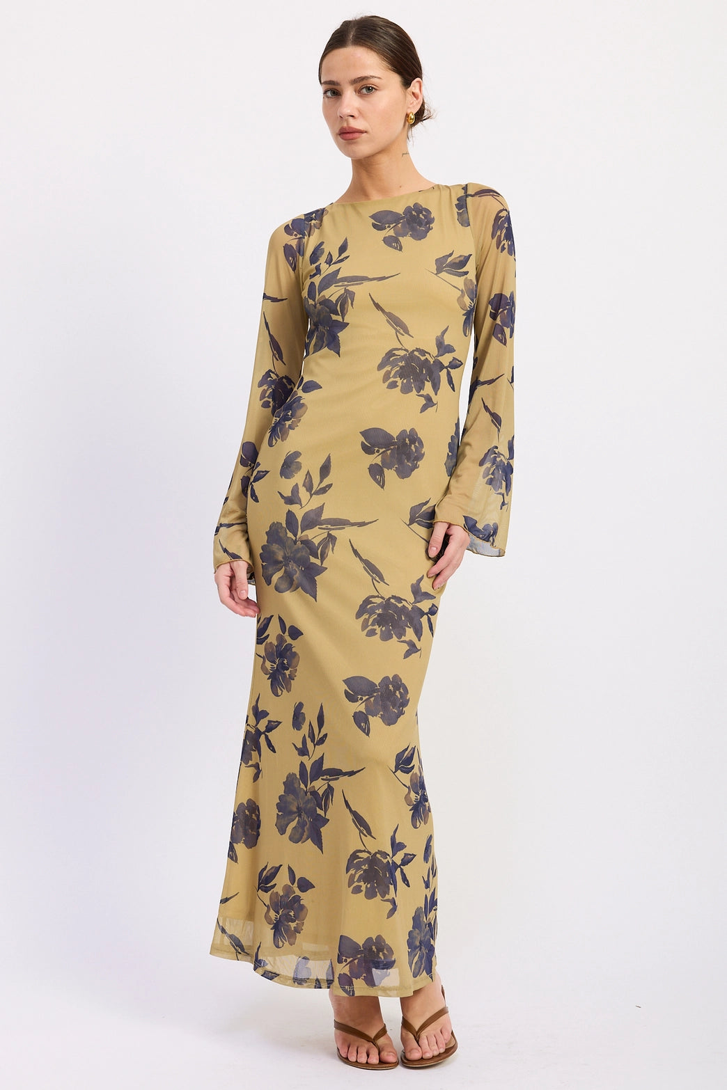 Long Sleeve Floral Print Maxi Mesh Dress with Open Back
