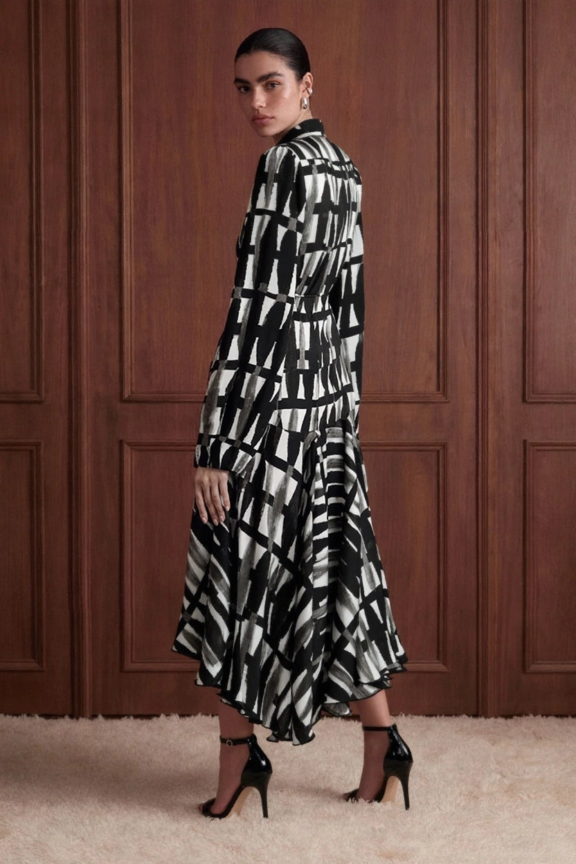 Abstract Brushstroke Tie-Neck Maxi Dress