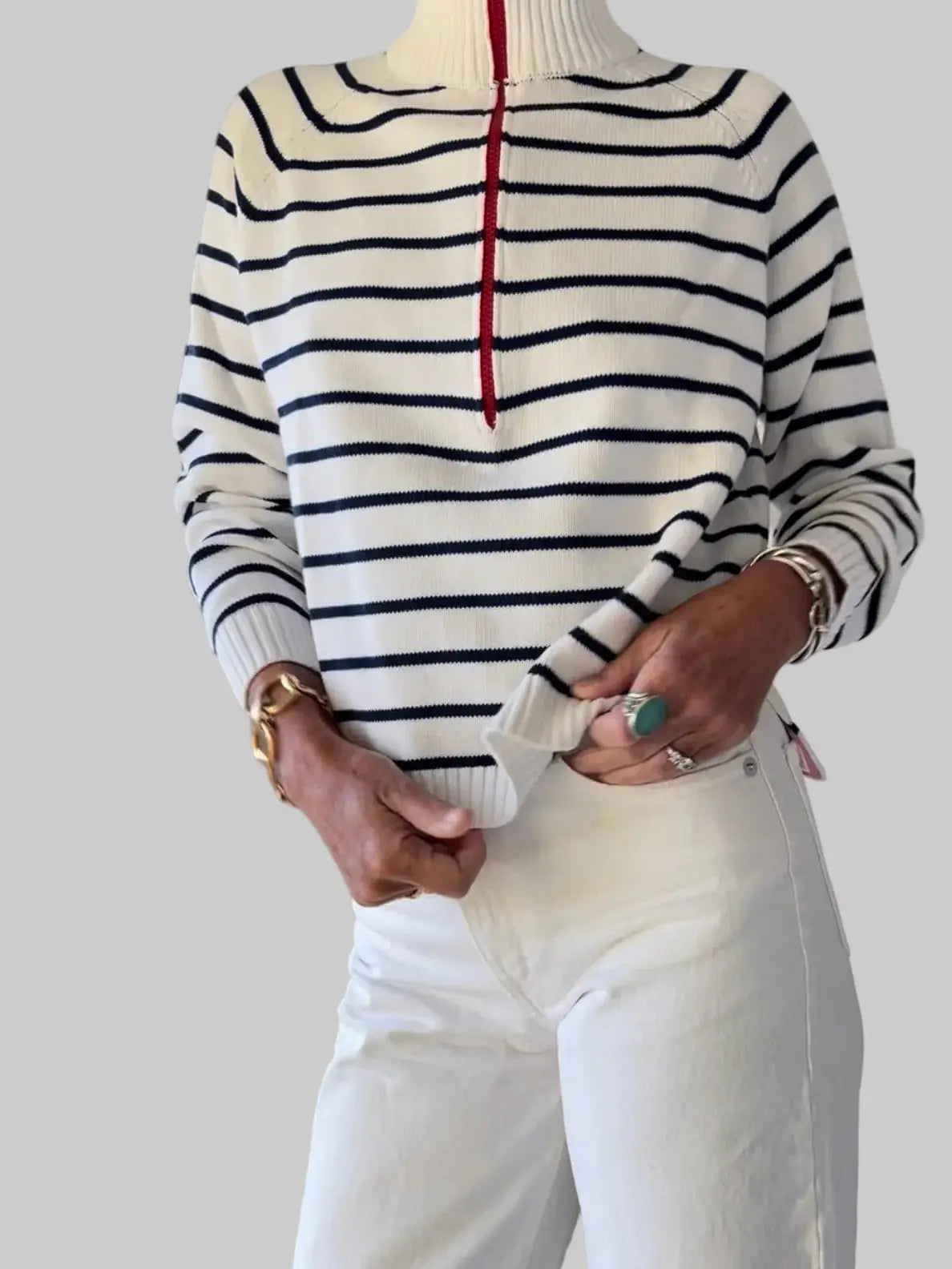 1/2 Zip Striped Cotton Sweater