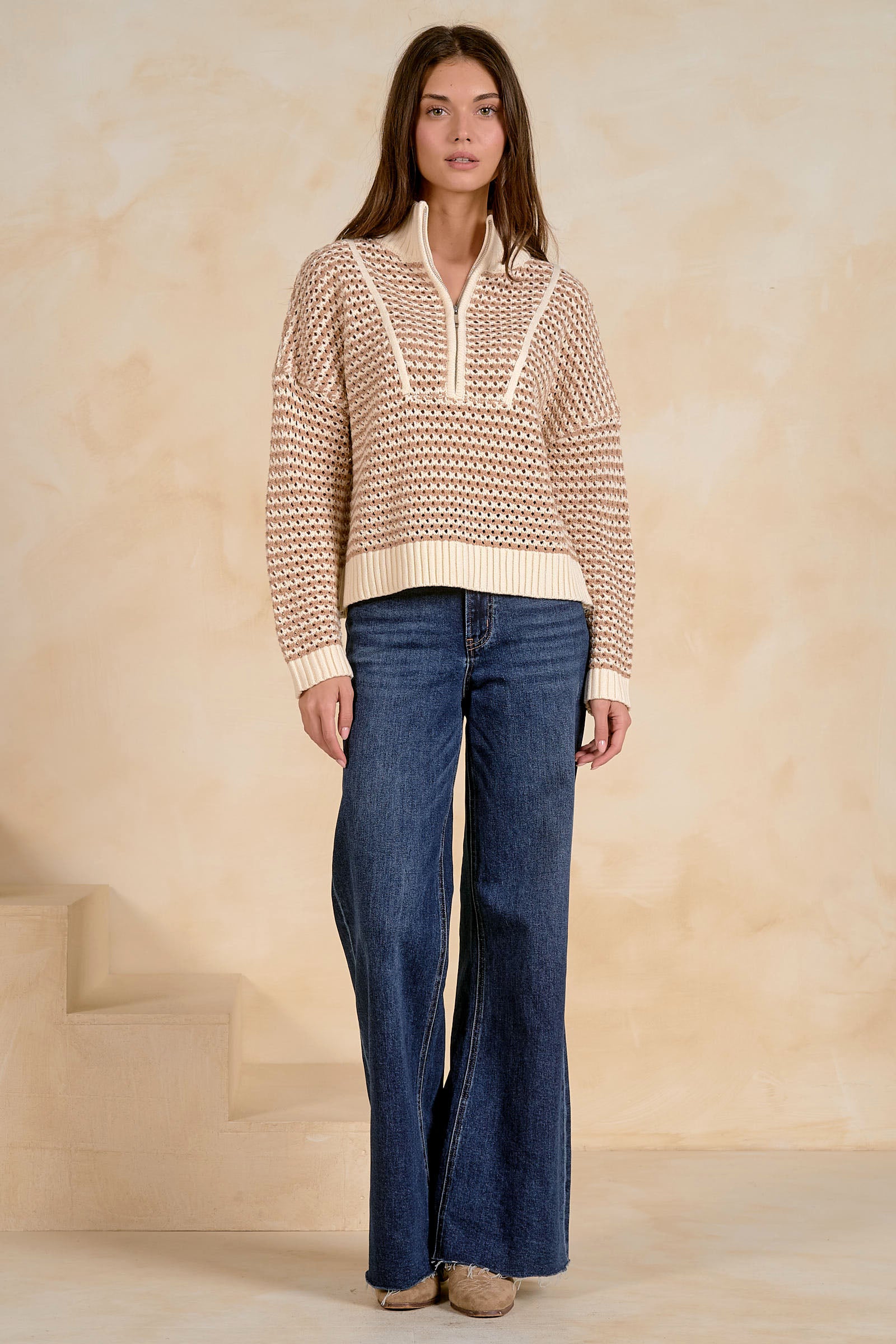 Coastal Breeze Open-Knit Quarter Zip Sweater